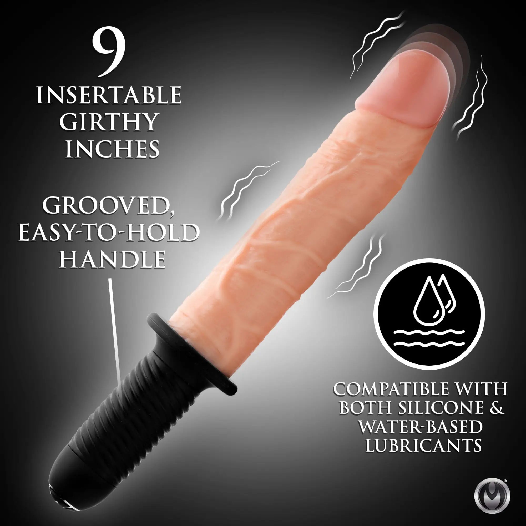 Master Series Onslaught XL vibrating thruster: a 9-inch realistic skin-tone dildo with a black grooved handle.