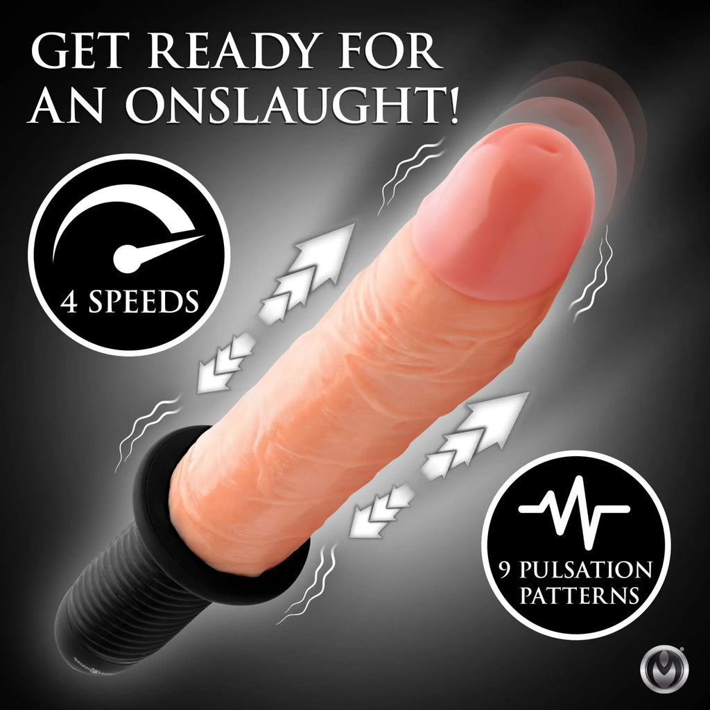 Master Series Onslaught XL dildo with a realistic pink shaft, black base, motion arrows, and speed/pattern icons.