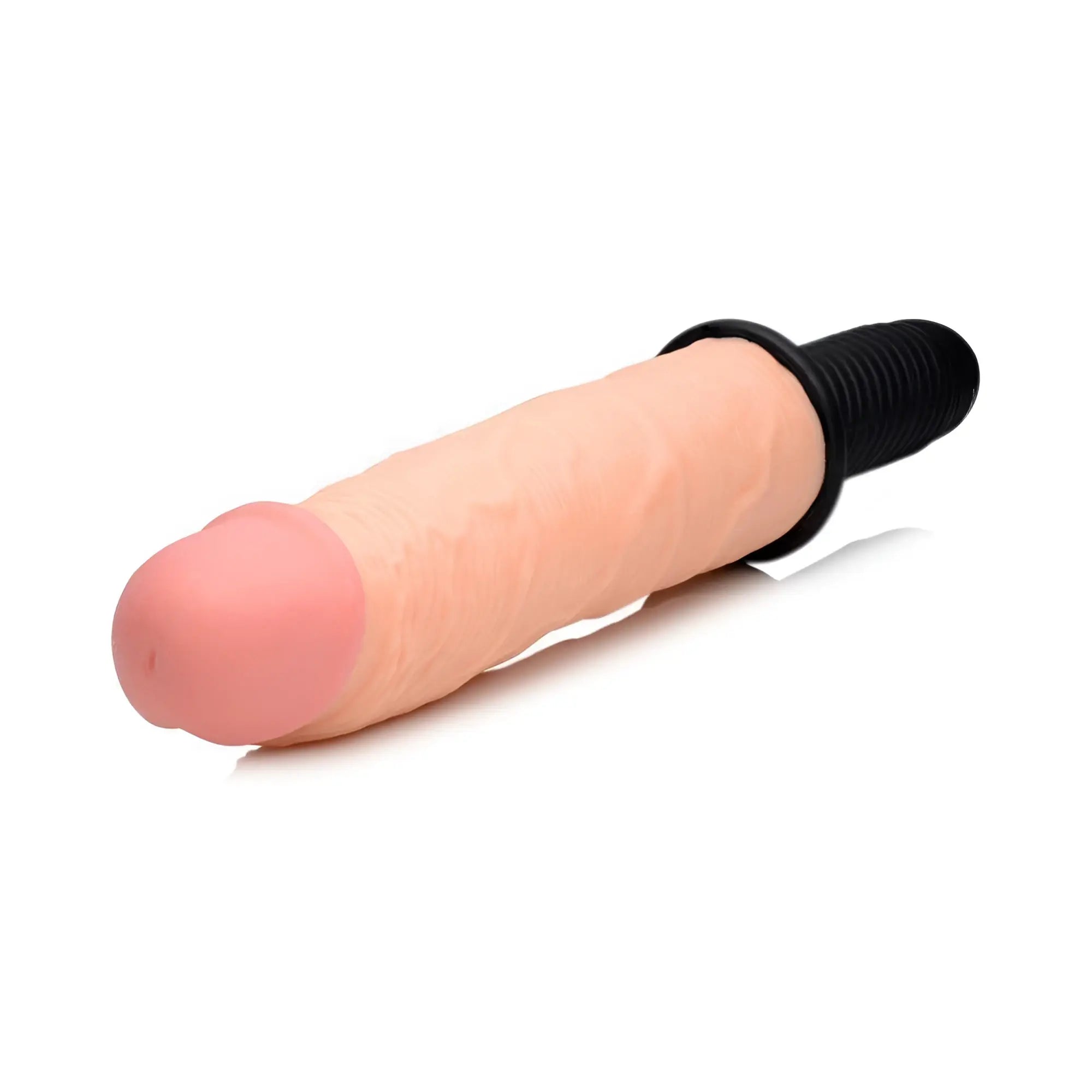 Master Series Onslaught XXL dildo: realistic flesh-toned, textured shaft with a black ribbed base on white background.