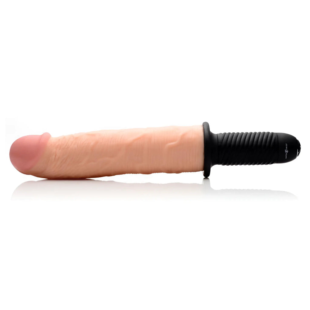 Master Series Onslaught XXL dildo: realistic flesh-toned shaft with a black, textured, ribbed base on a white background.