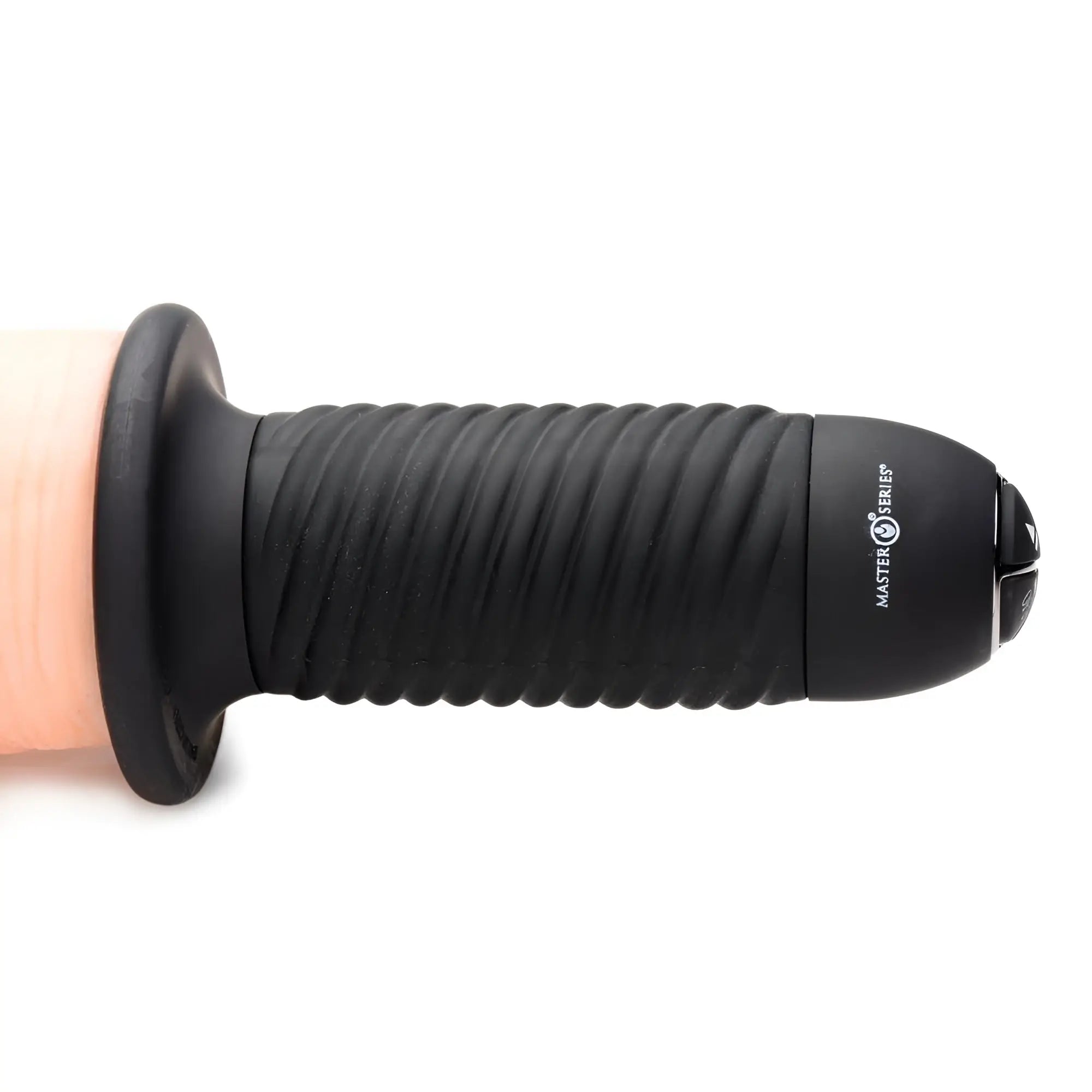Master Series Onslaught vibrator featuring a black ribbed handle with white logo and a flesh-colored silicone base.