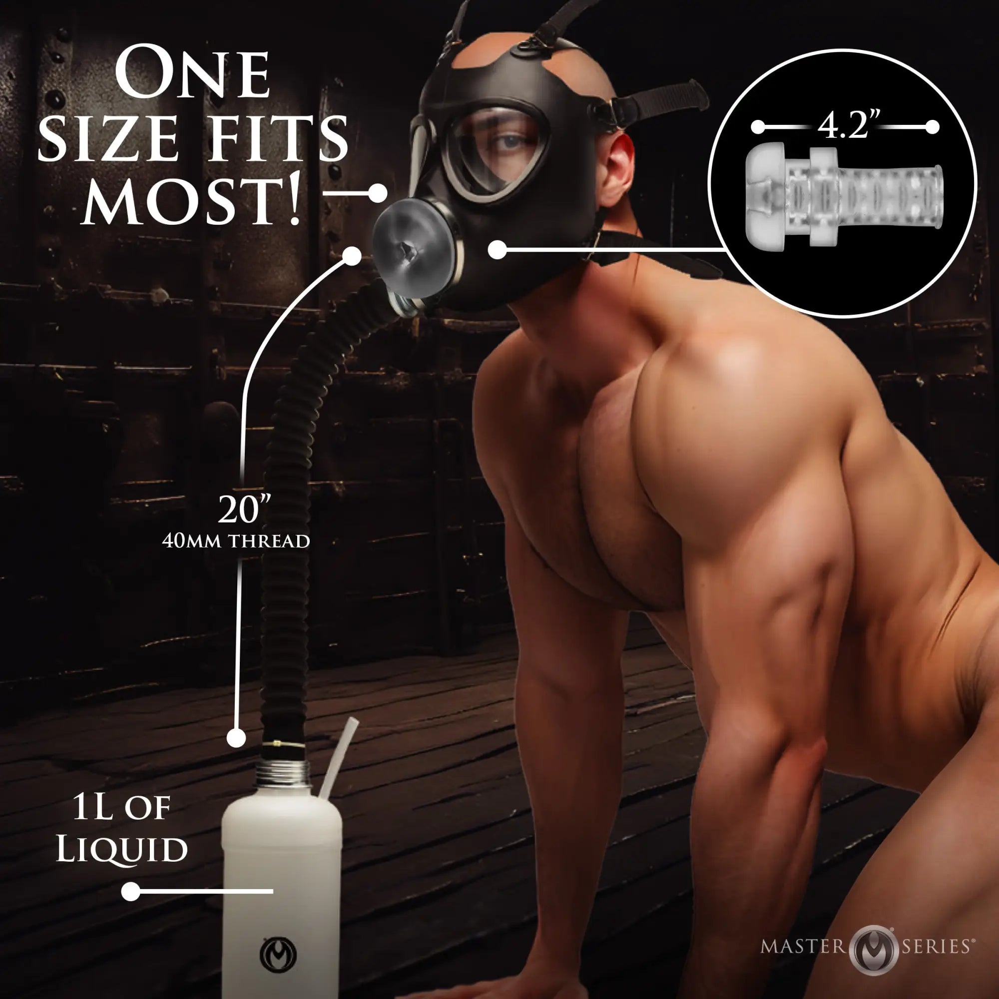 Master Series Overload Stroker Gas Mask Kit: A shirtless man wears a black gas mask connected to a liquid container.