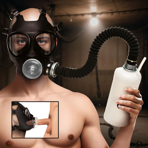Master Series Overload Stroker Gas Mask Kit: A black mask with a hose attached to a white bottle, featuring an inset.