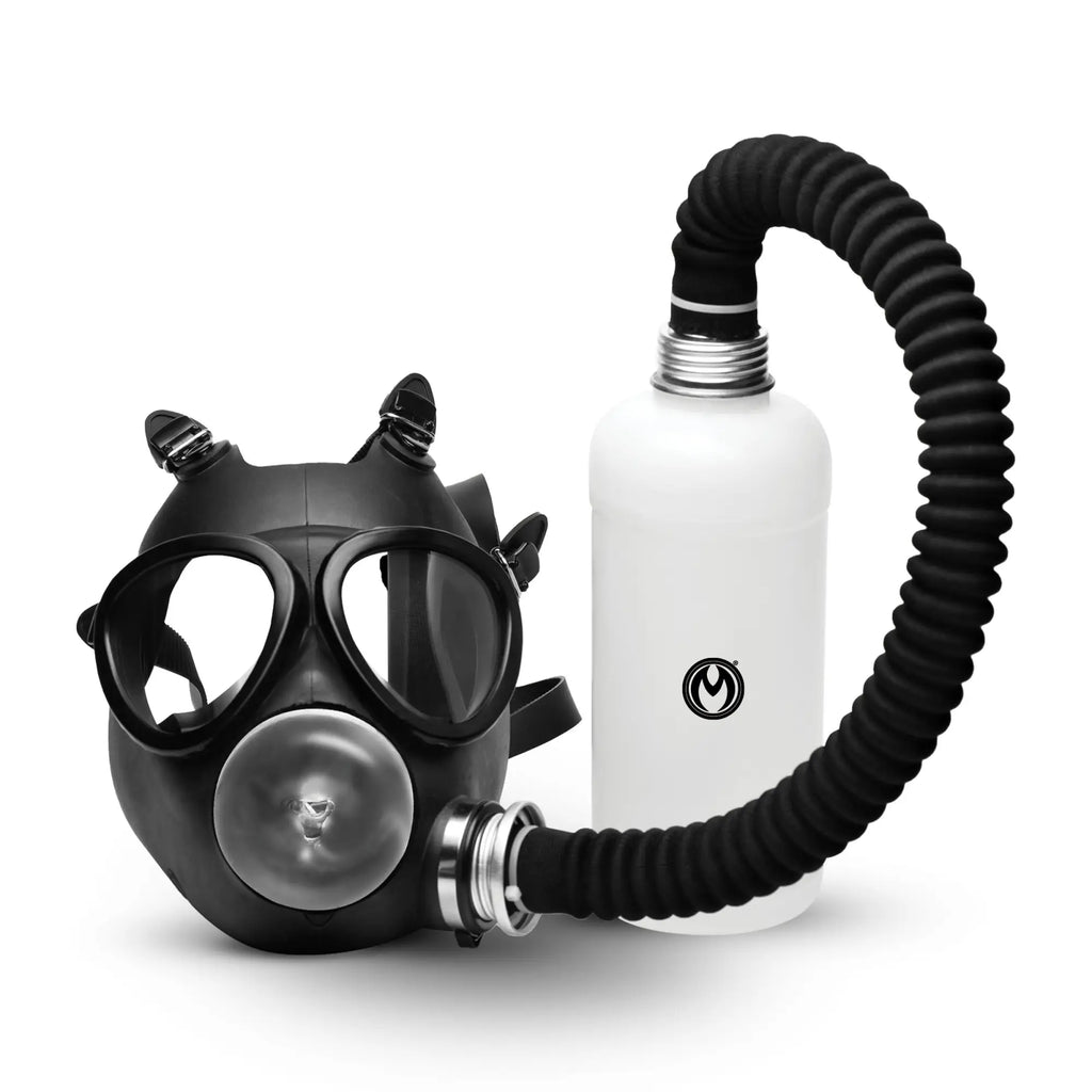 Master Series Overload Stroker Gas Mask Kit: black mask with clear mouthpiece and black tube connected to white bottle.