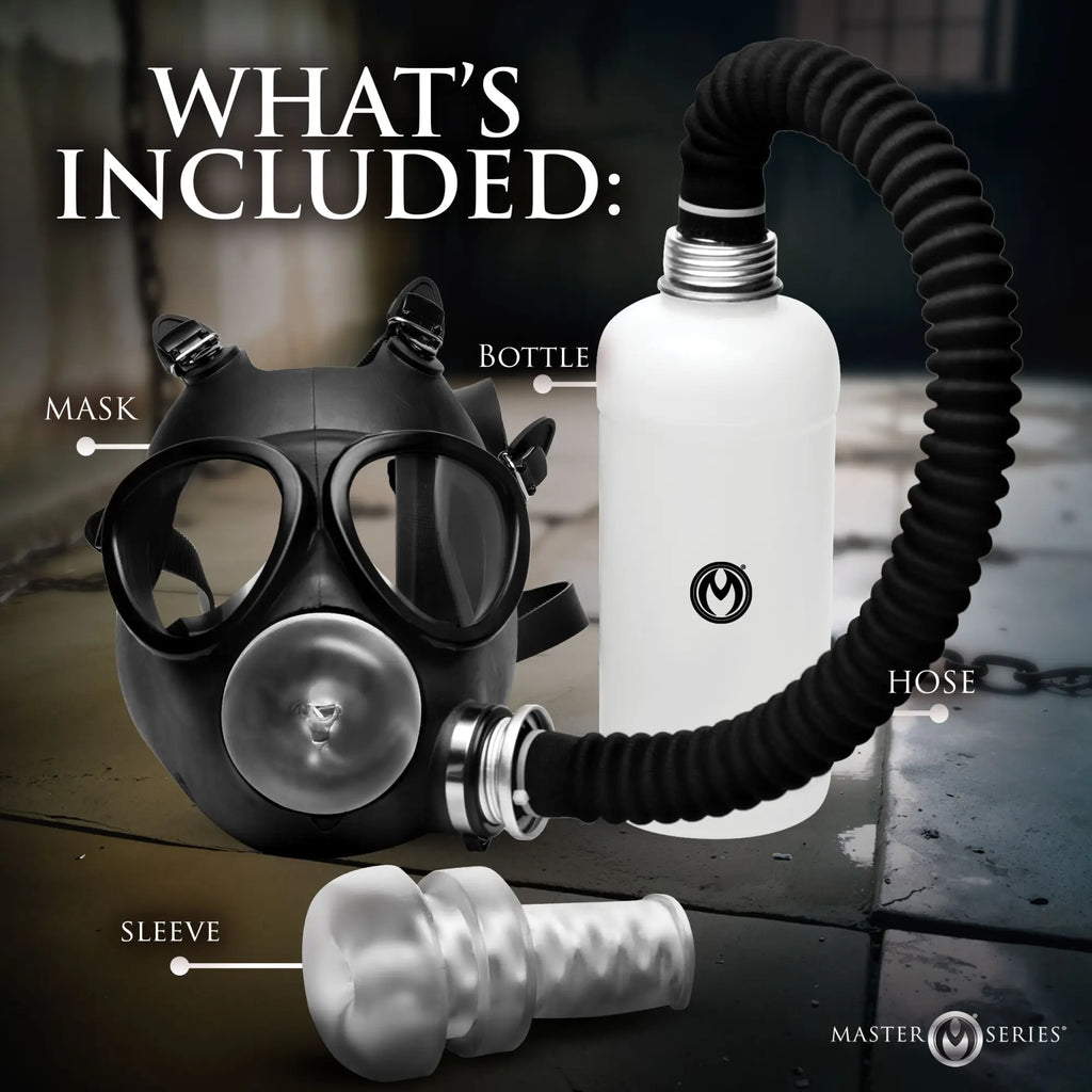Master Series Overload Stroker Gas Mask kit featuring a black mask, white bottle, black hose, and a clear textured sleeve.