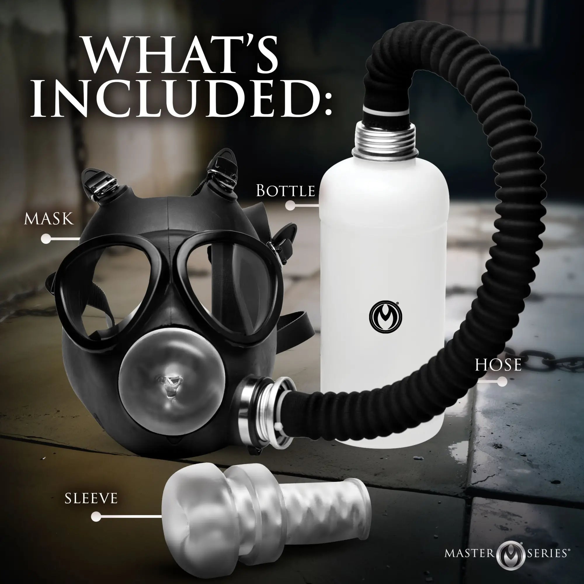 Master Series Overload Stroker Gas Mask kit featuring a black mask, white bottle, black hose, and a clear textured sleeve.