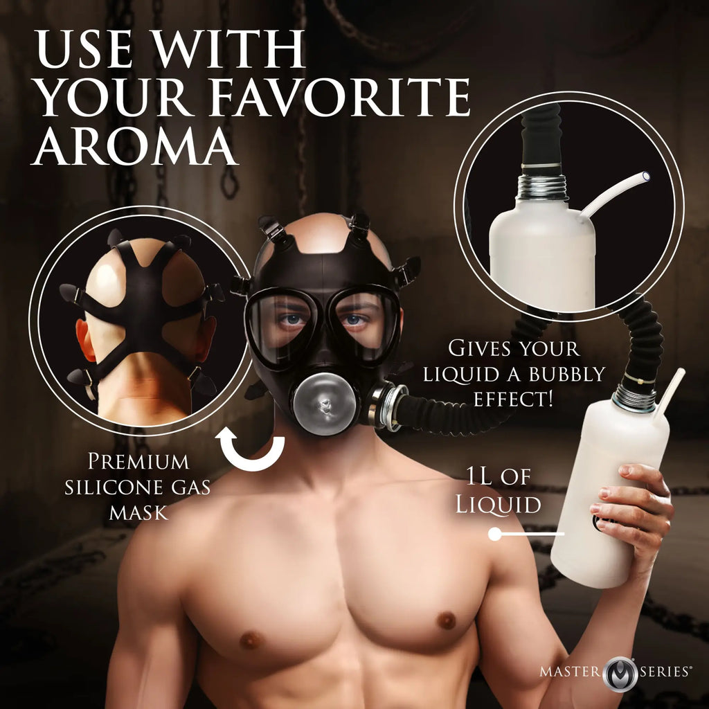 Master Series Overload Stroker Gas Mask Kit: A black silicone gas mask connected to a 1L bottle for a bubbly effect.