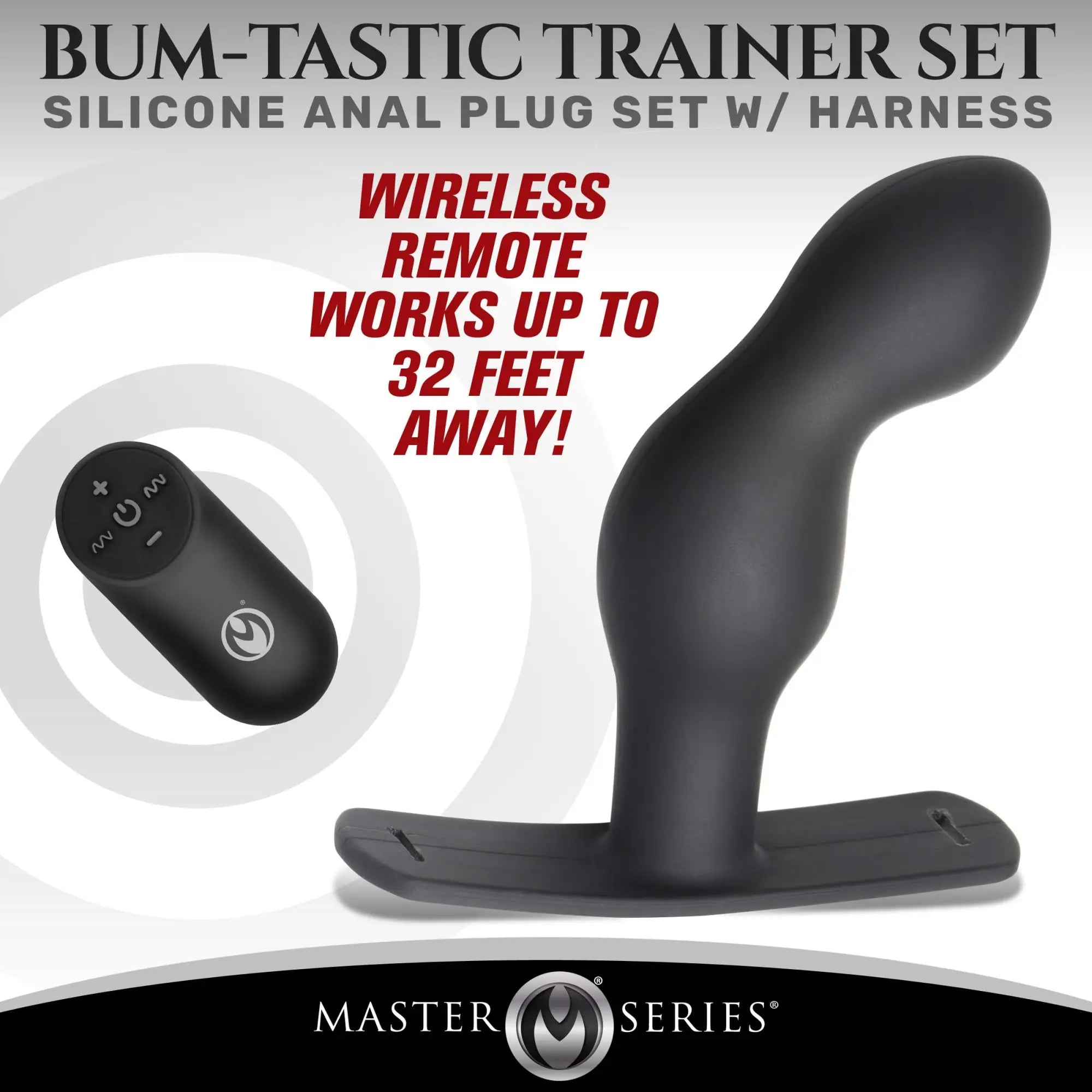 Black Master Series P-Spot silicone prostate plug with a flat base and a small wireless remote control.