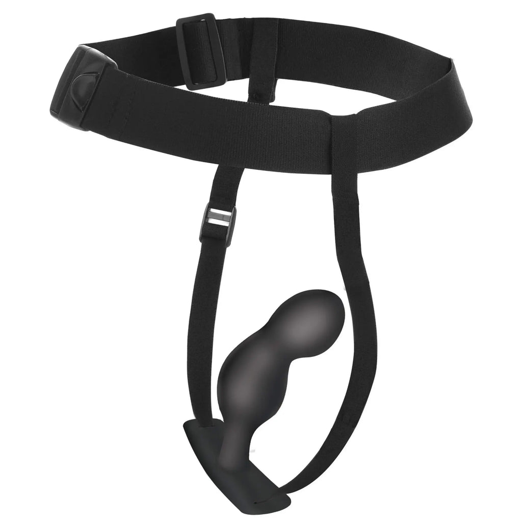 Master Series P-Spot Plugger 28X: Black silicone prostate plug attached to an adjustable black elastic comfort harness.