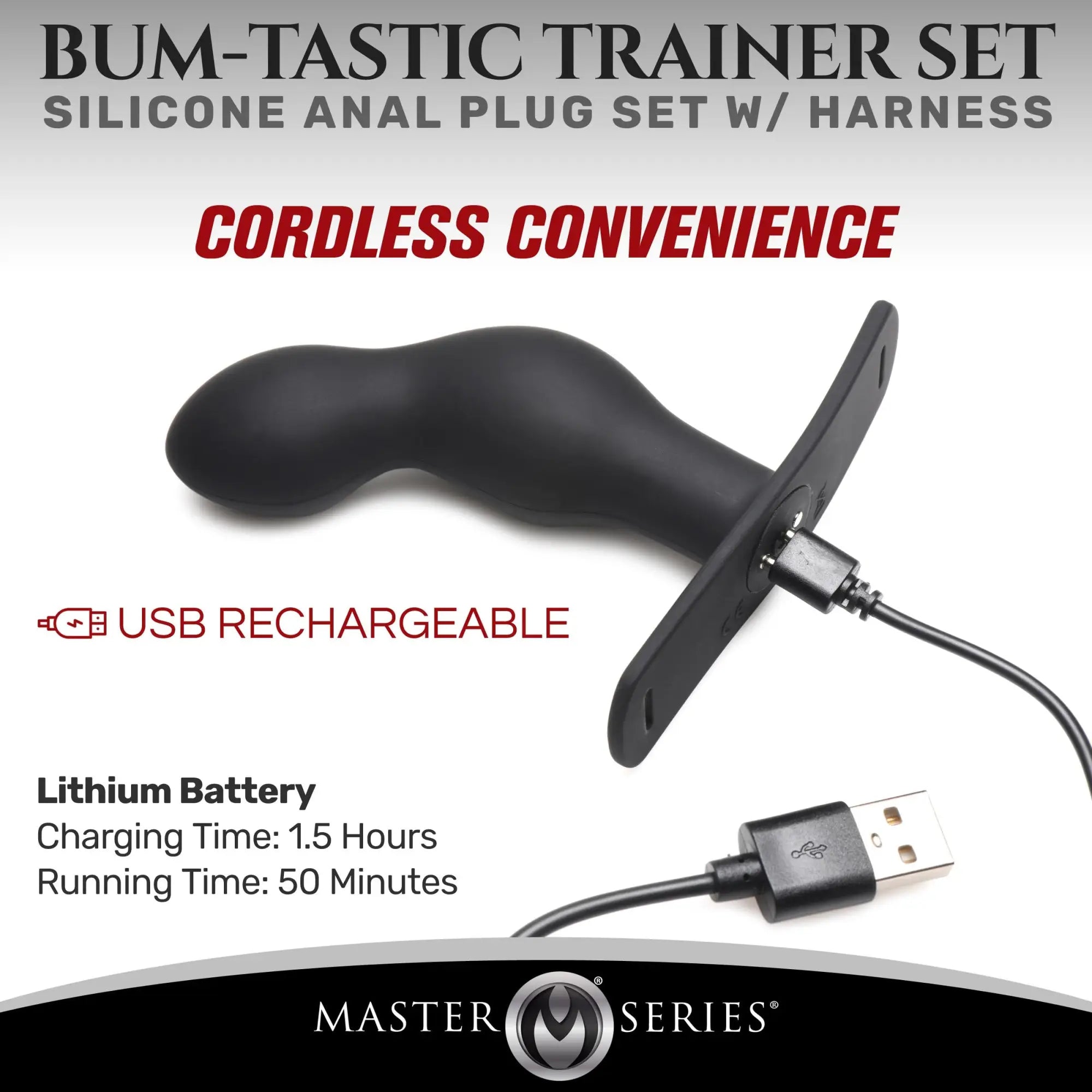 Black Master Series P-Spot silicone prostate plug with base, shown being charged via USB cable on a white background.