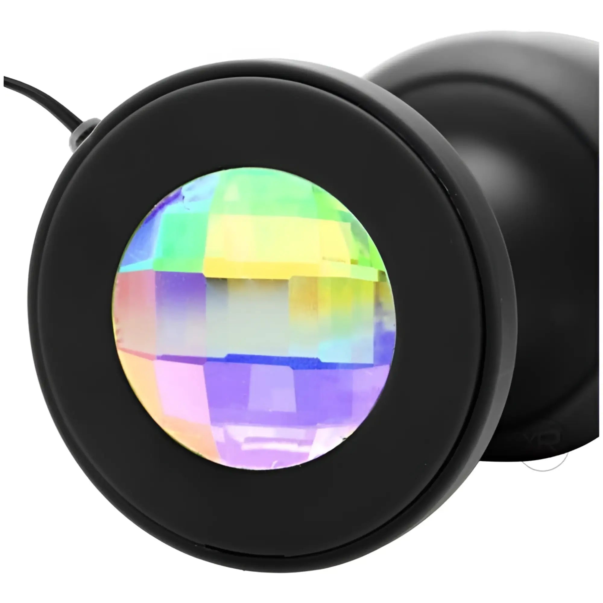 Master Series The Paragon Gem vibrating butt plug featuring a matte black base and a faceted, multicolored crystal gem.