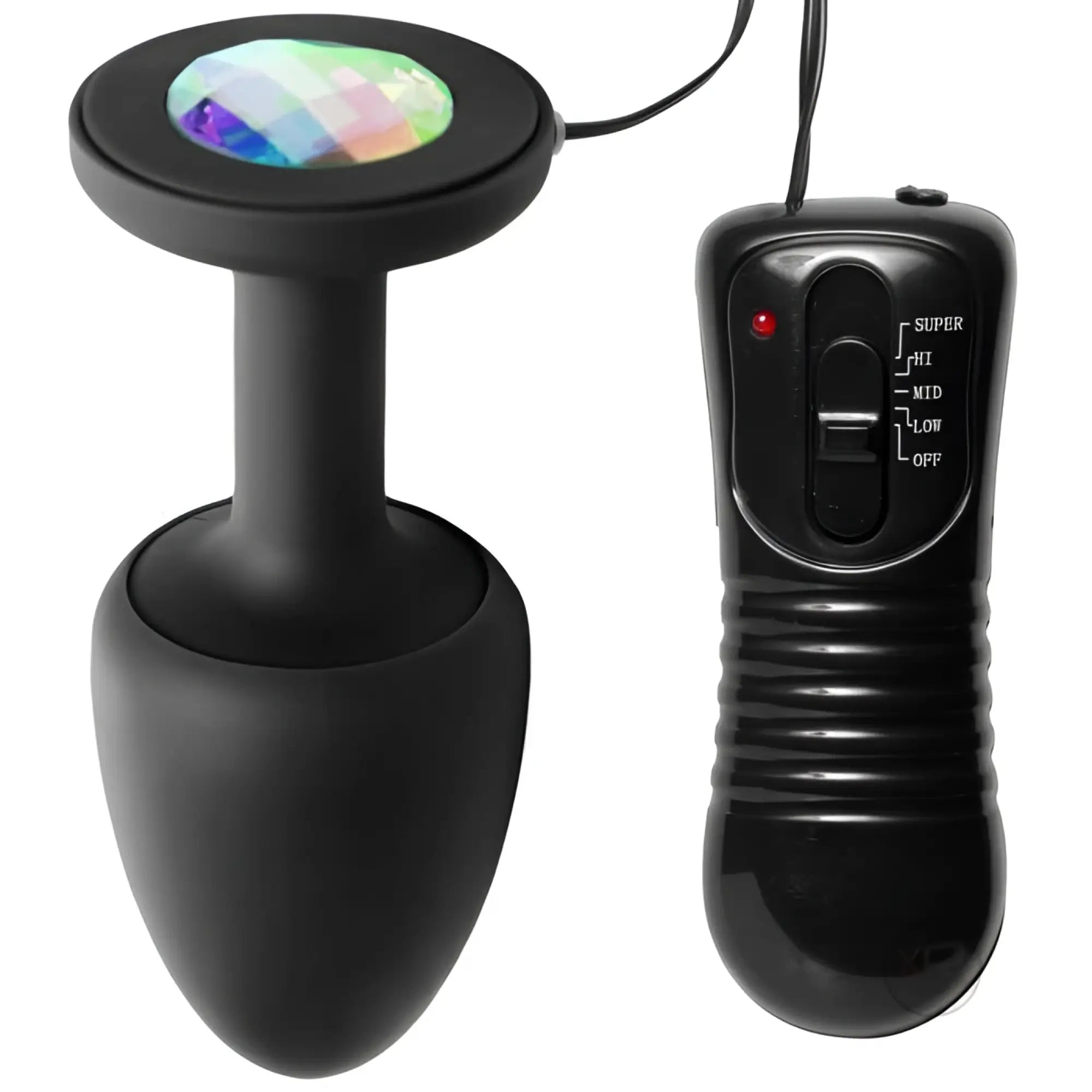 Master Series The Paragon Gem vibrating black silicone butt plug with a multicolored crystal top and wired remote.