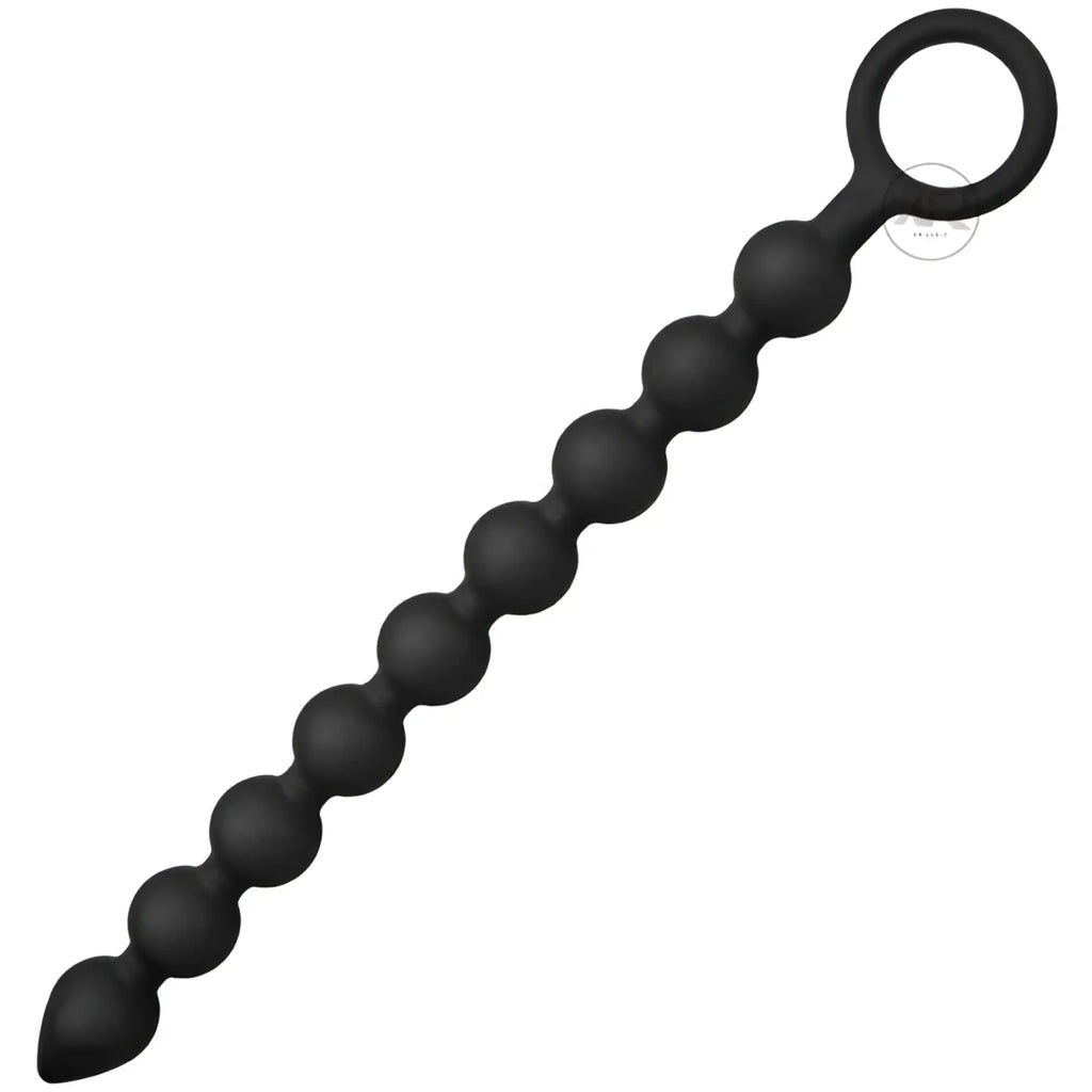 Master Series Pathicus: 9 black silicone anal beads with a tapered tip and a ring pull handle on a white background.