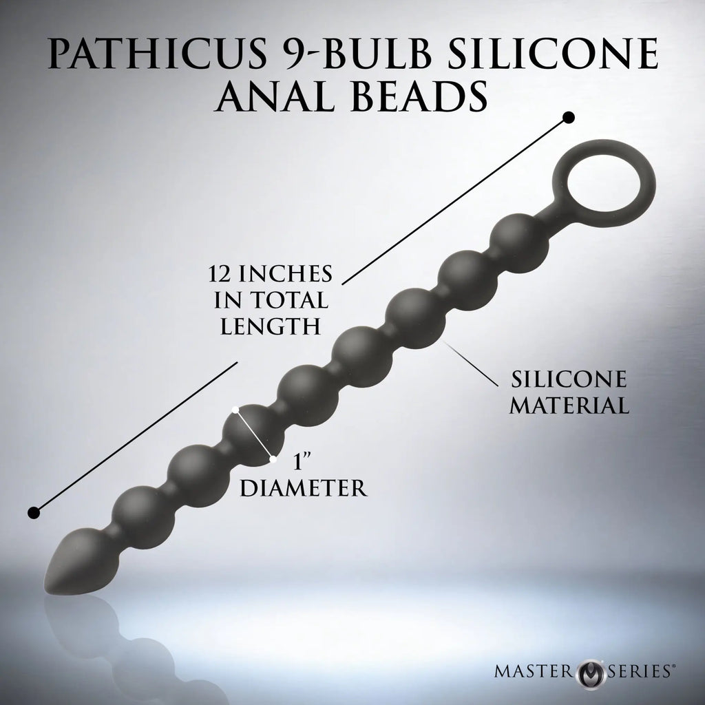 Master Series Pathicus black silicone anal beads with 9 bulbs, a 12-inch total length, and a 1-inch diameter.