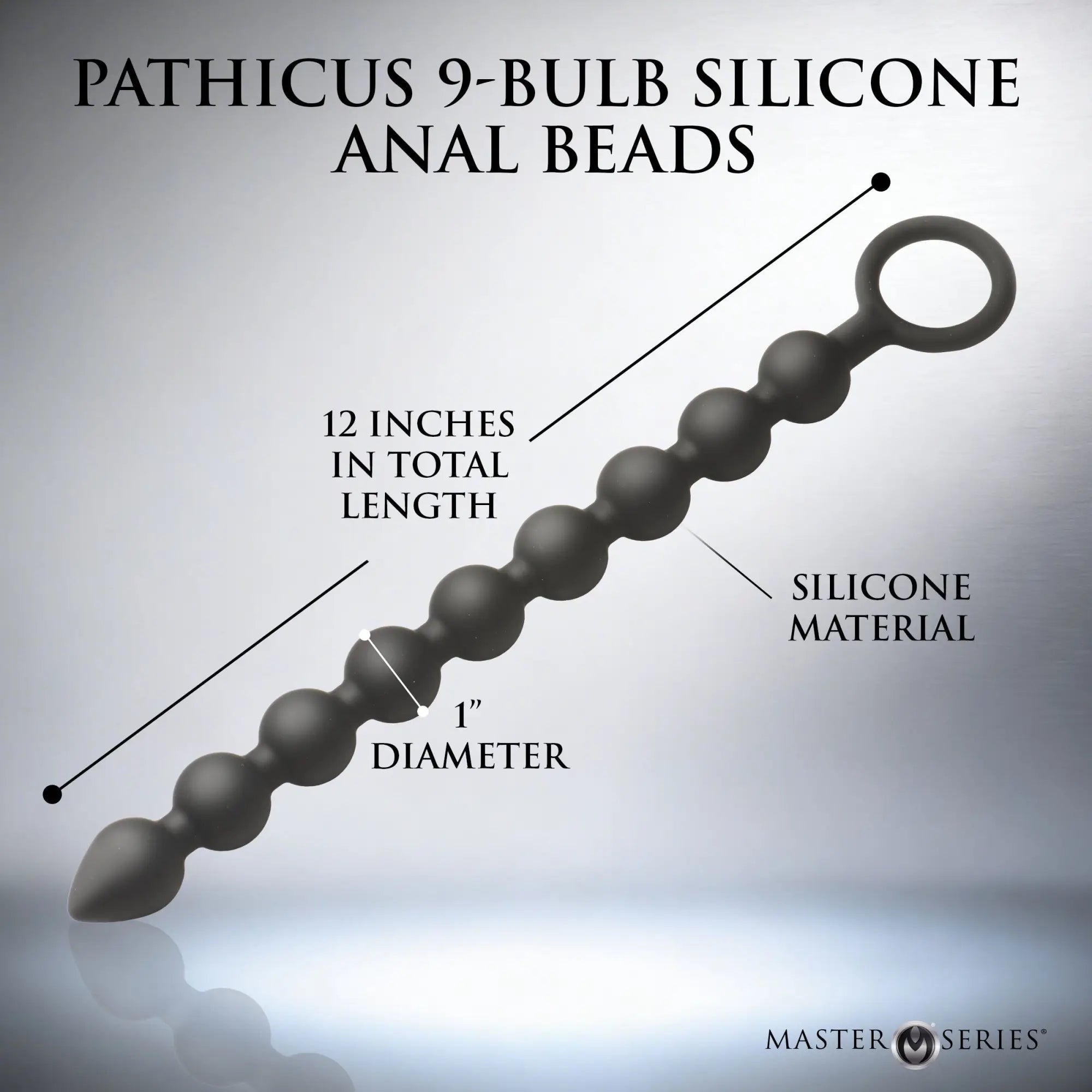 Master Series Pathicus black silicone anal beads with 9 bulbs, a 12-inch total length, and a 1-inch diameter.