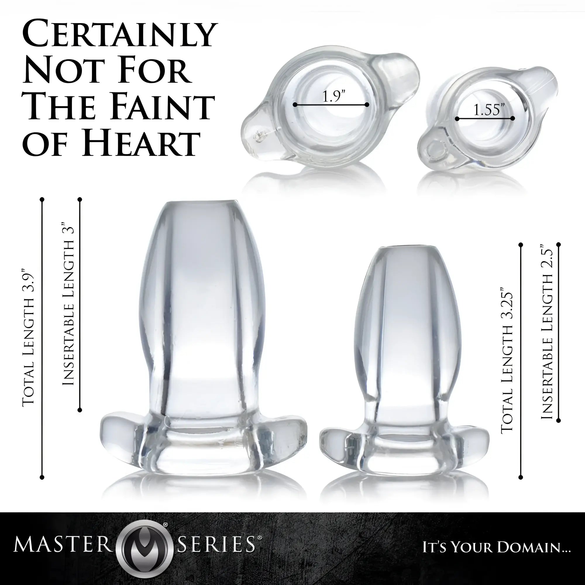 Master Series PeepHole clear hollow silicone anal plugs shown in two sizes with dimensions and top-down views.