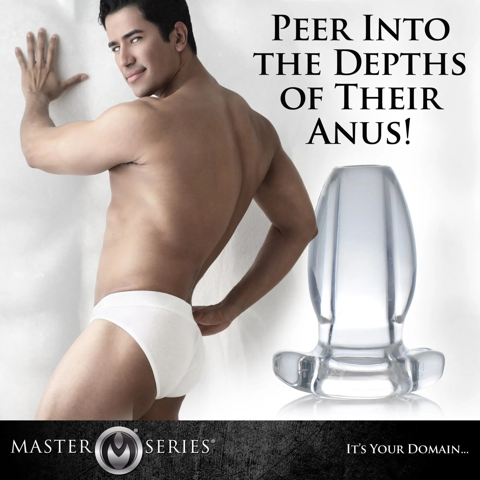 Master Series PeepHole Clear Hollow Anal Plug: A transparent, smooth, flared-base plug shown next to a model.