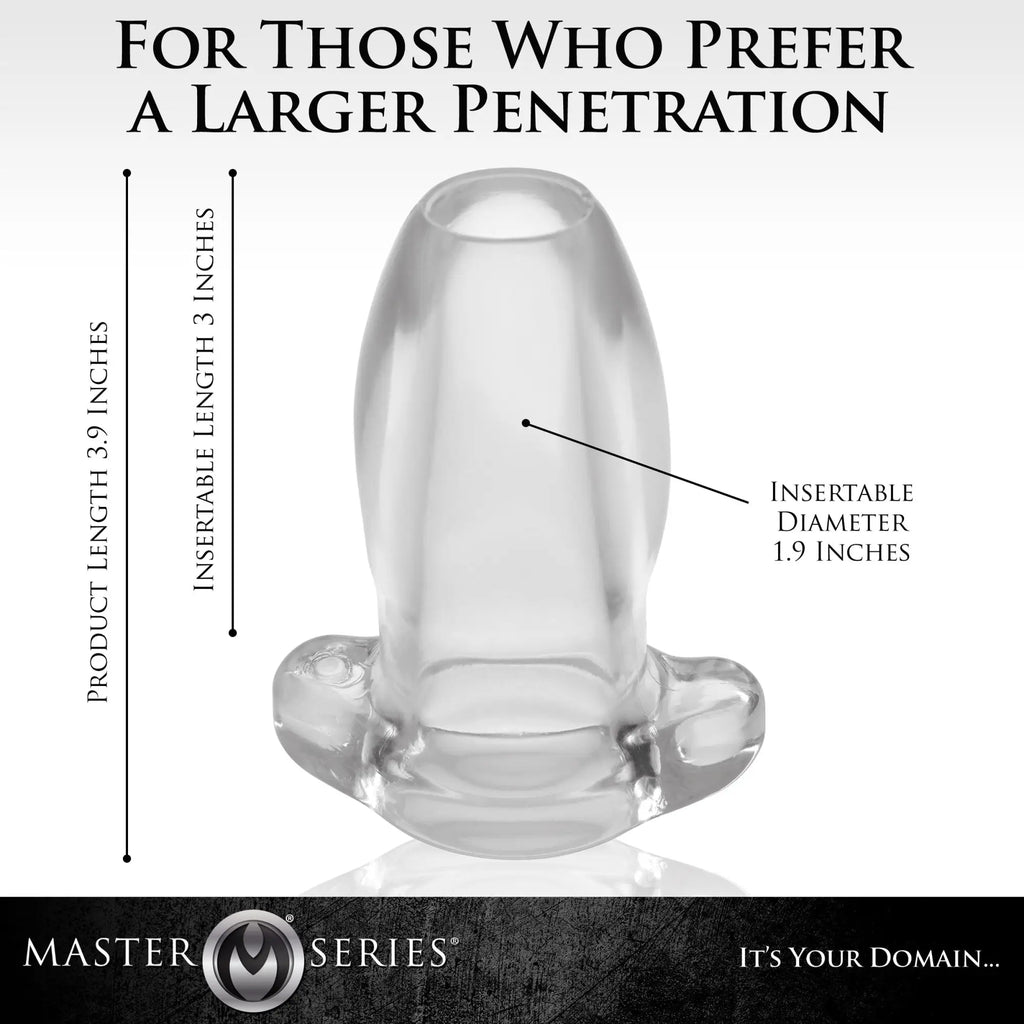 Master Series PeepHole clear, hollow anal plug with labeled dimensions showing 3.9" total length and 1.9" diameter.