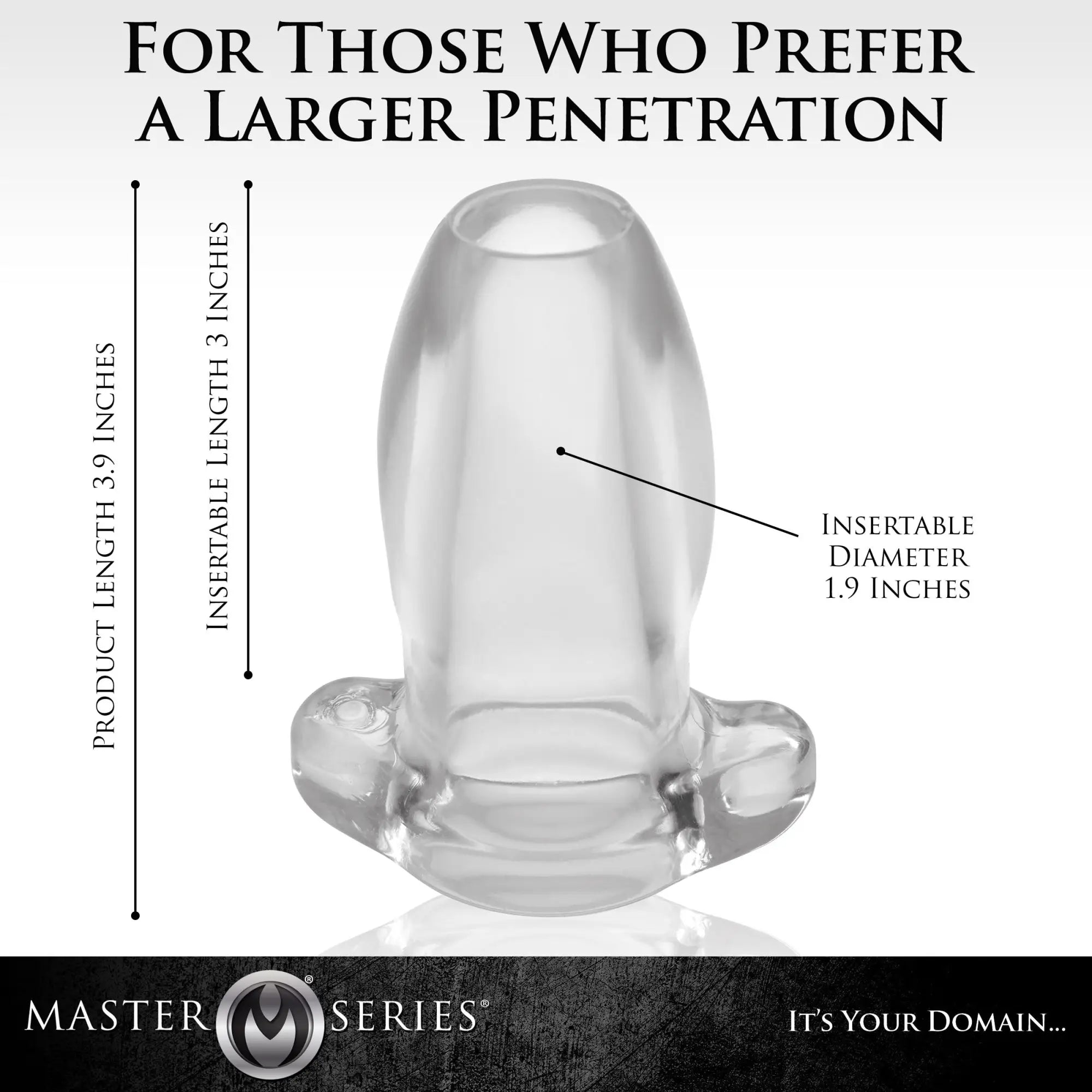 Master Series PeepHole clear, hollow anal plug with labeled dimensions showing 3.9" total length and 1.9" diameter.