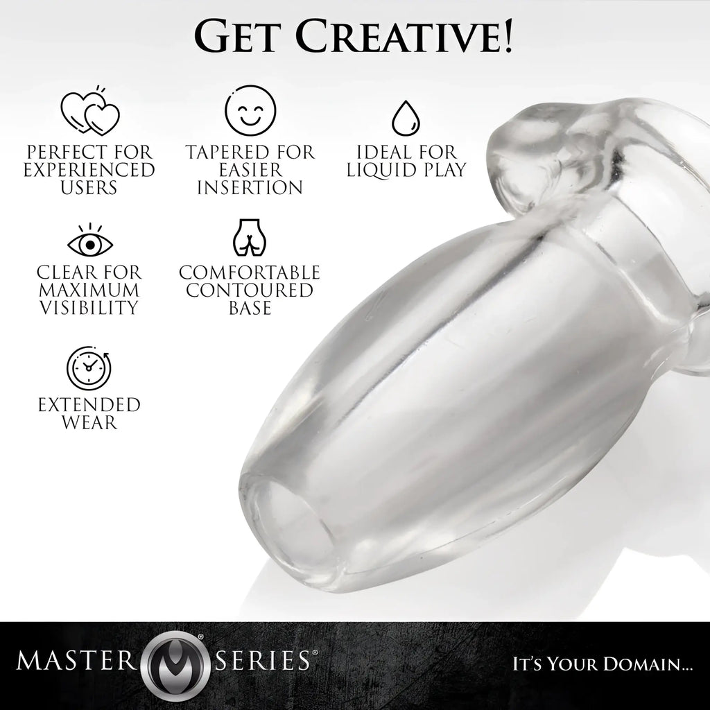 Master Series PeepHole Clear Hollow Anal Plug with tapered, transparent design and contoured base for easy insertion.