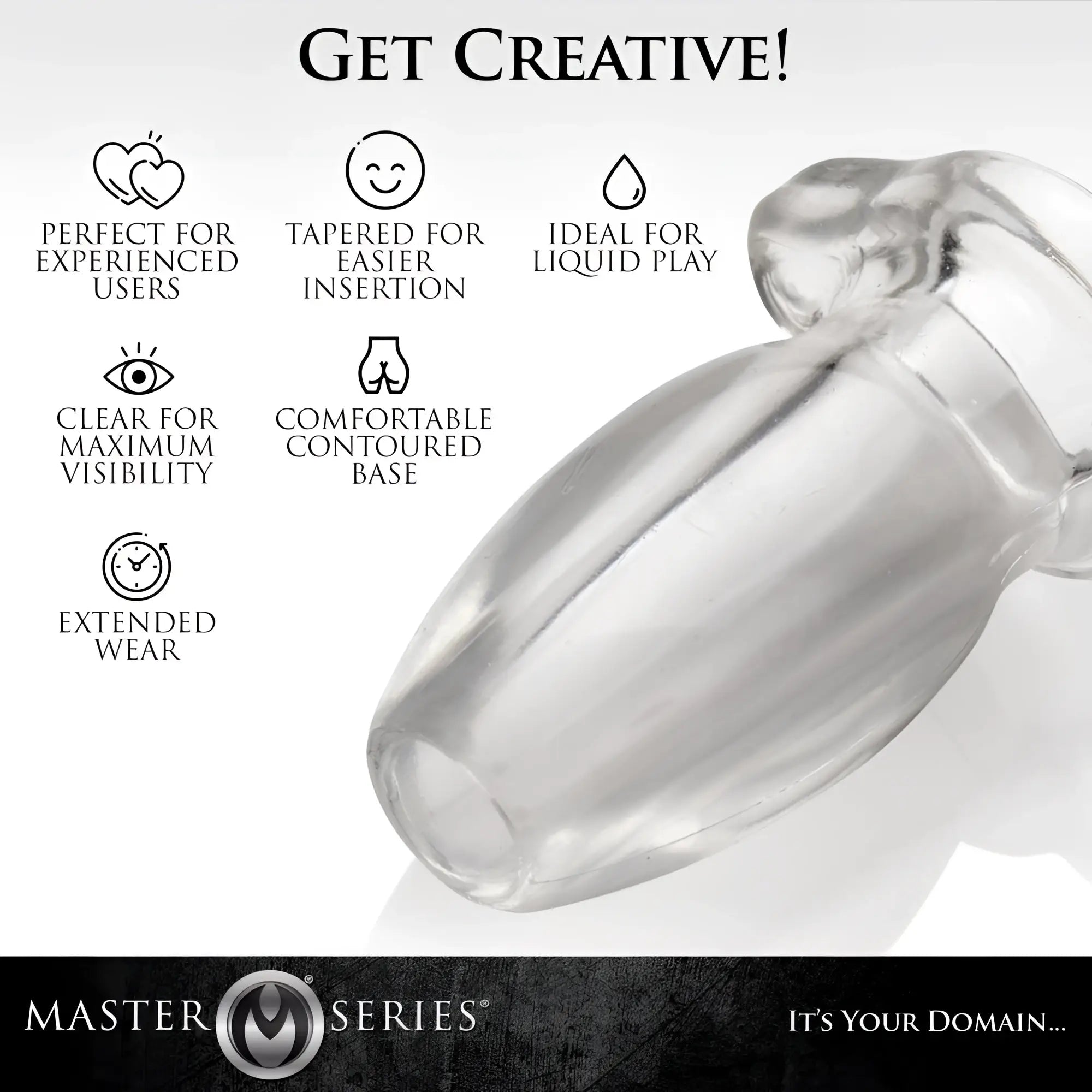 Master Series PeepHole Clear Hollow Anal Plug with tapered, transparent design and contoured base for easy insertion.