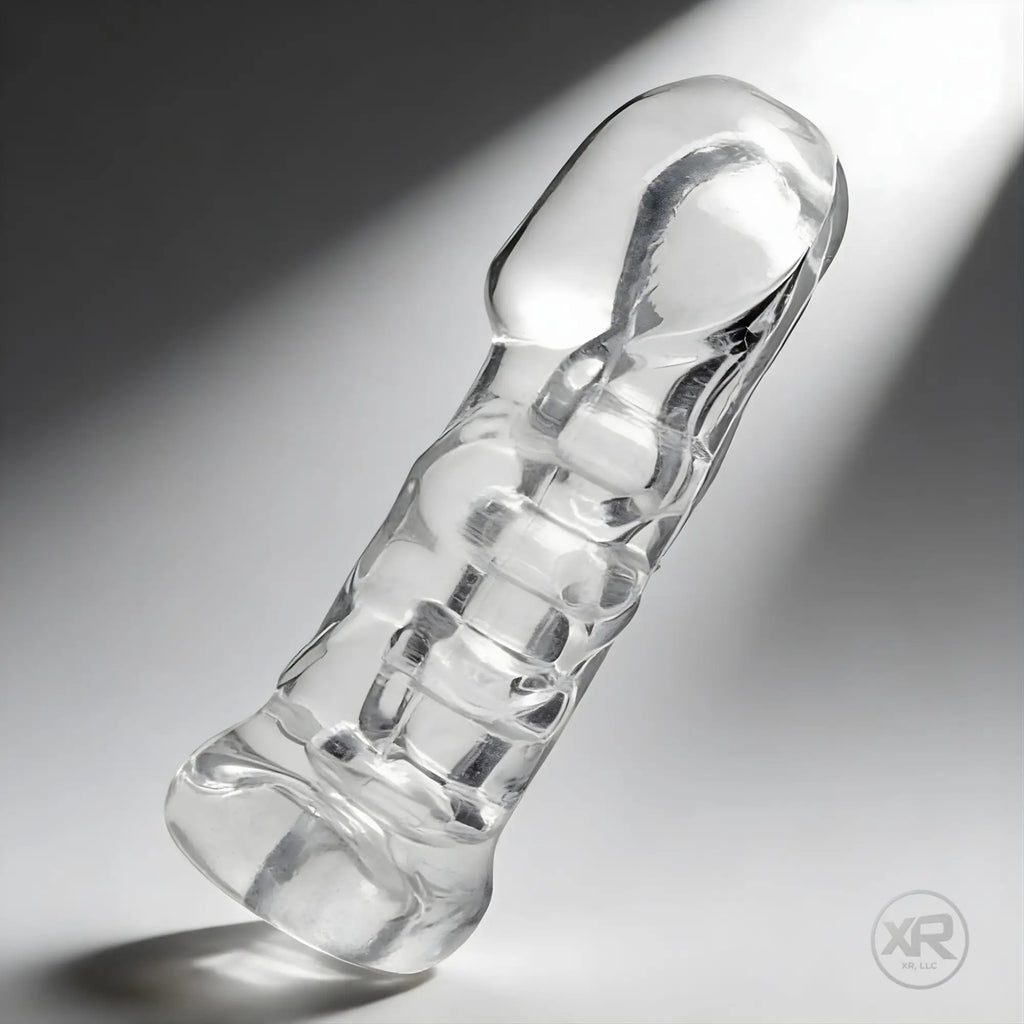 Master Series Penetrator, a clear, textured, cylindrical silicone girth-enhancing device and stroker against gray.