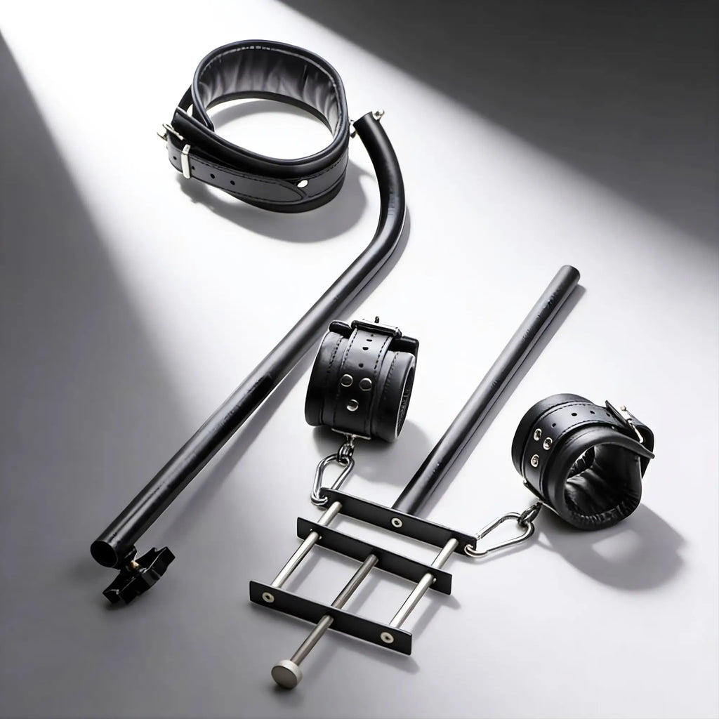 Master Series The Penis Pillory: A black metal frame with padded leather cuffs and adjustable locking bars on a grey base.