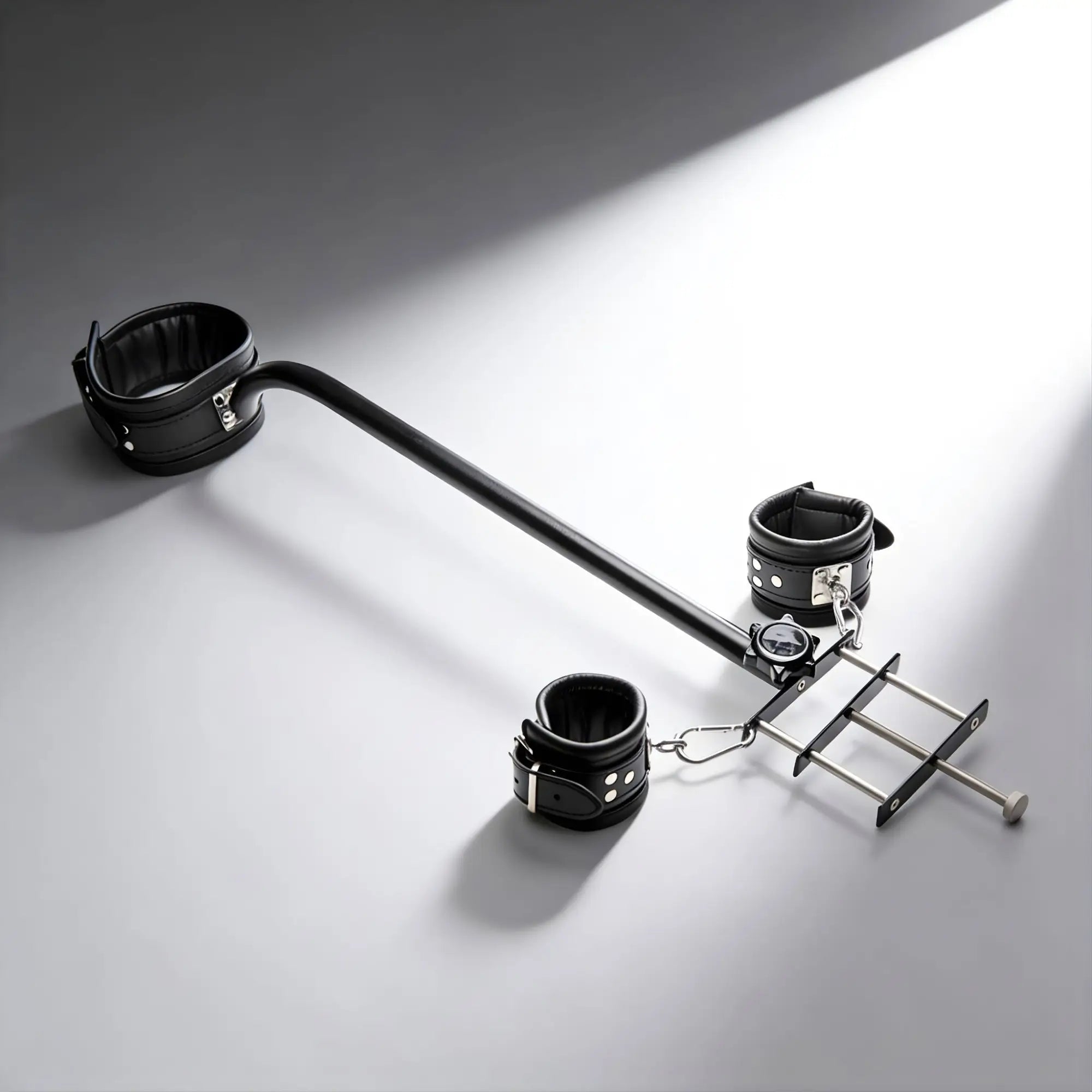 Master Series The Penis Pillory: A black leather and metal device featuring an adjustable rod, cuffs, and gate mechanism.