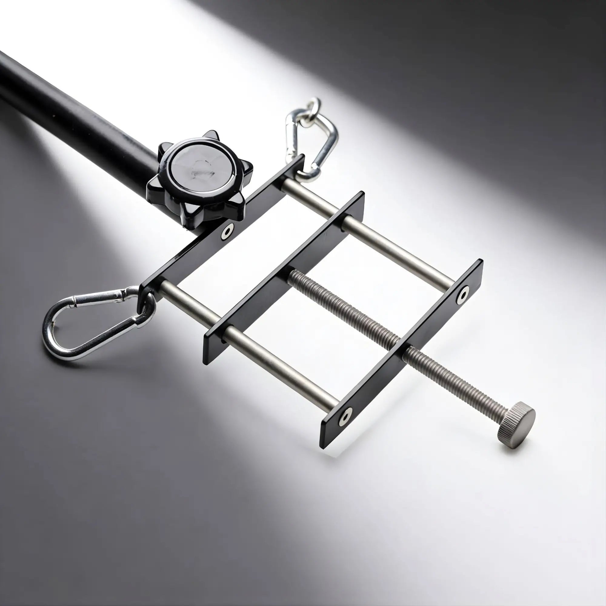 Master Series The Penis Pillory: A black metal tension device with adjustable silver rods and attached carabiners.