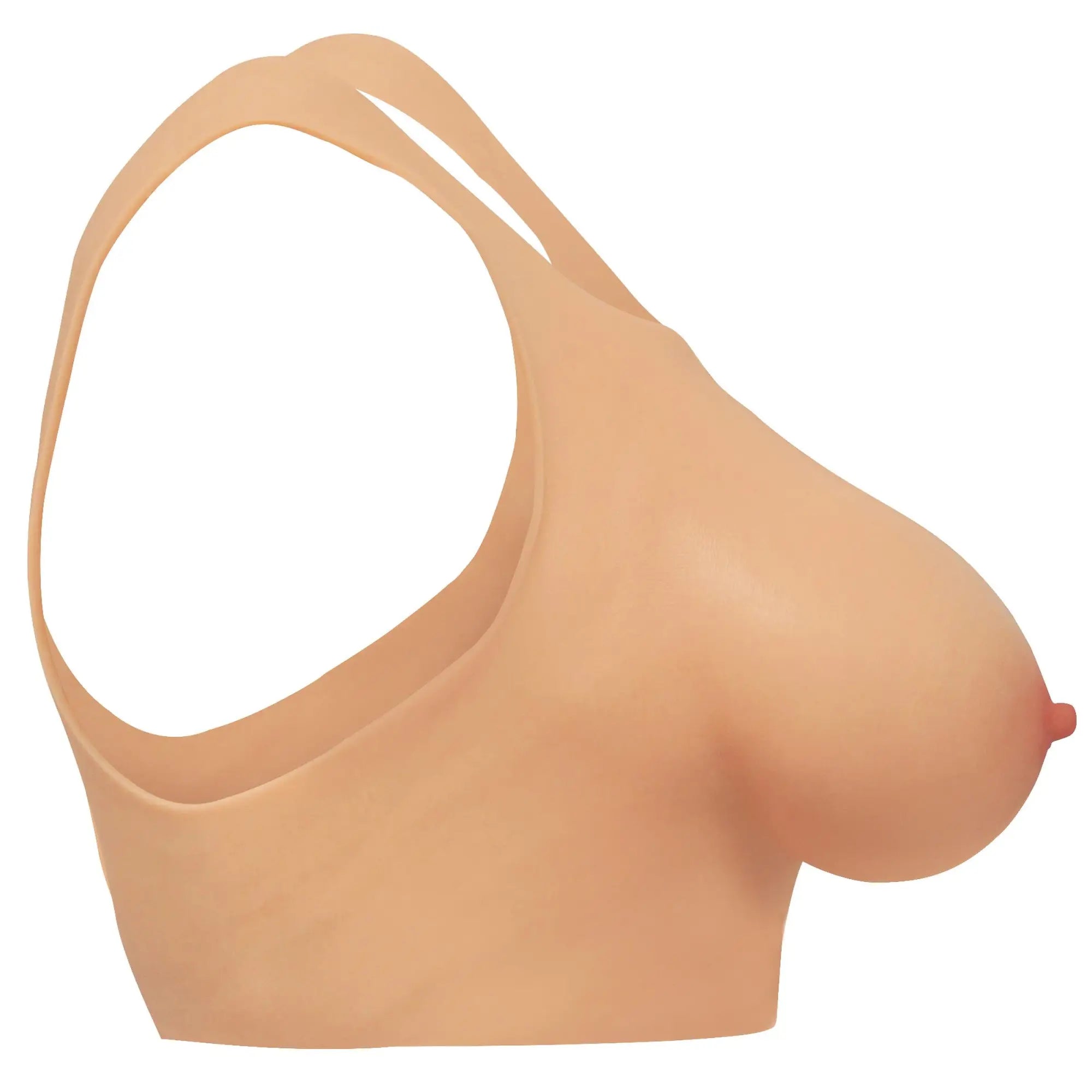 Master Series Perky Pair D-cup wearable silicone breast plate in light beige, shown from a side profile view.