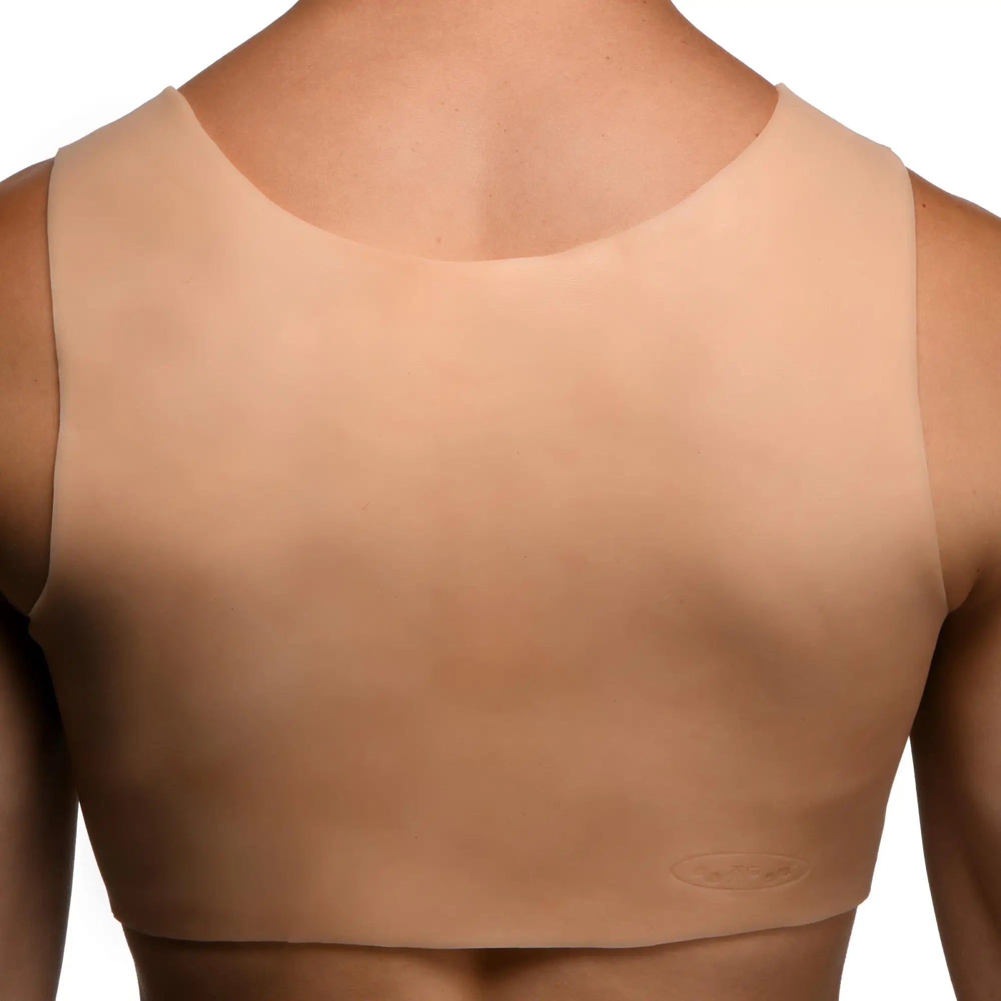 Master Series Perky Pair wearable silicone breasts in a nude color, showing the back of the vest-style design.