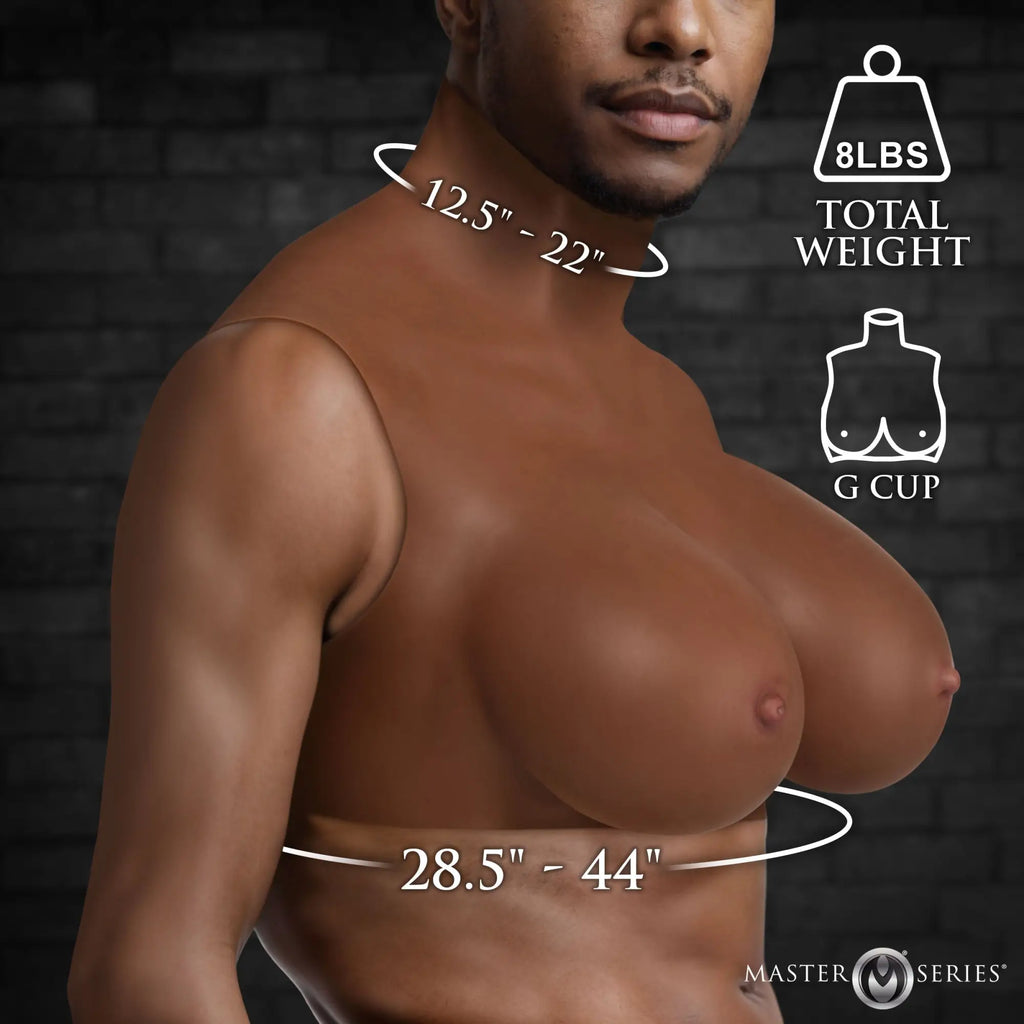 Master Series Perky Pair dark silicone breast plate featuring G-cup breasts, 8lb weight, and sizing measurements.