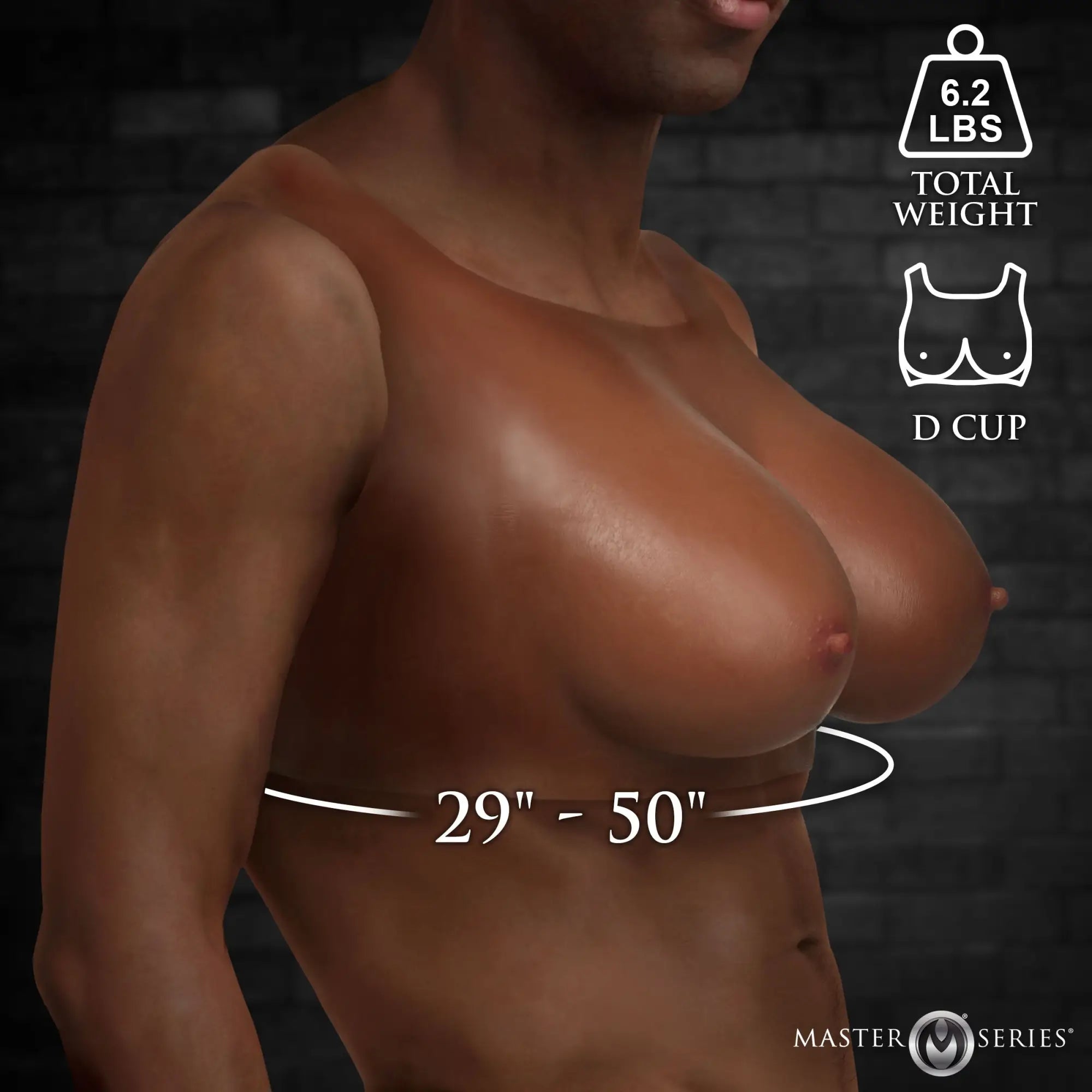 Master Series Perky Pair dark silicone D-cup breast plate on a person, showing 6.2 lb weight and 29-50" chest range.