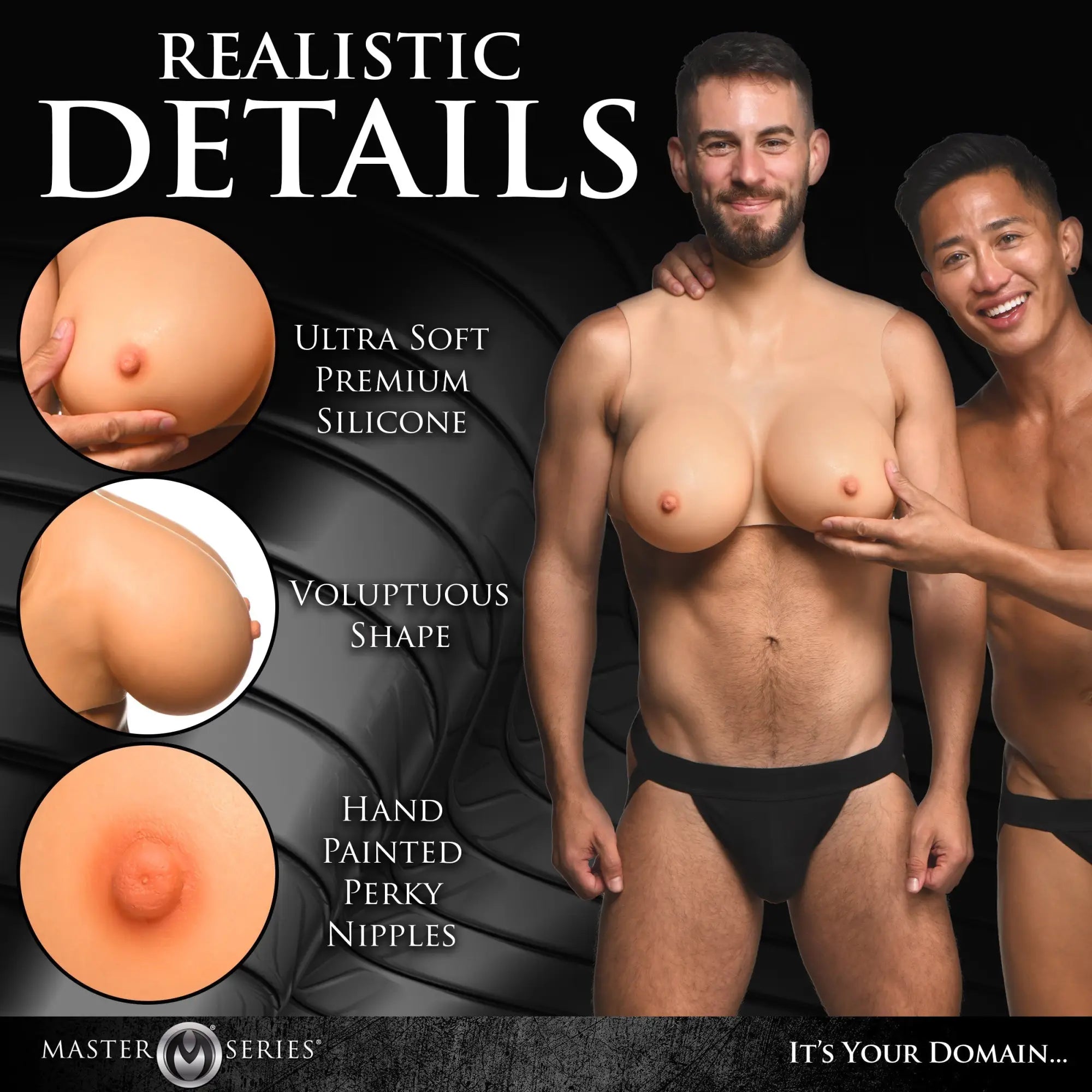 Master Series Perky Pair G-Cup wearable silicone breasts featuring a realistic skin tone and hand-painted nipples.