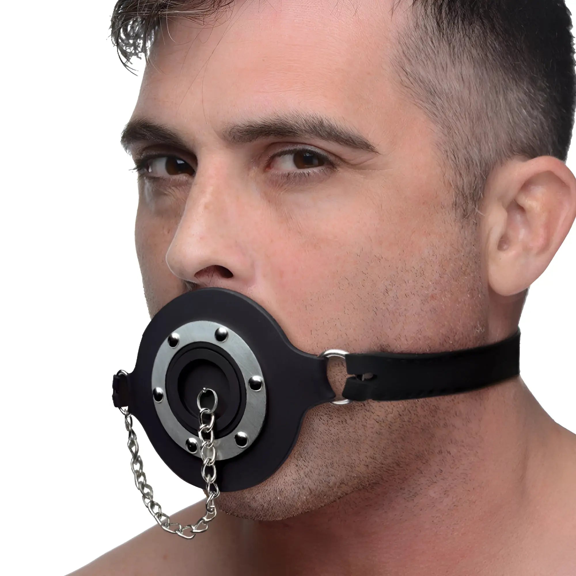 Master Series Pie Hole Silicone Feeding Gag: A black, round silicone mouth piece with a metal ring and chain.