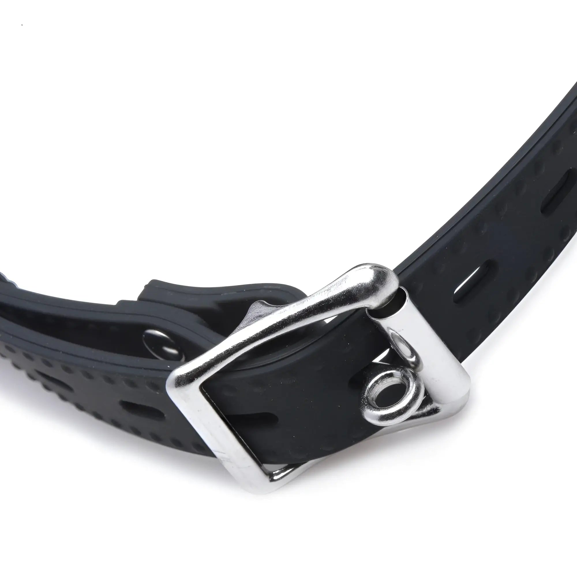 Master Series Pie Hole Silicone Feeding Gag: Close-up of a black silicone strap with a polished silver metal buckle.