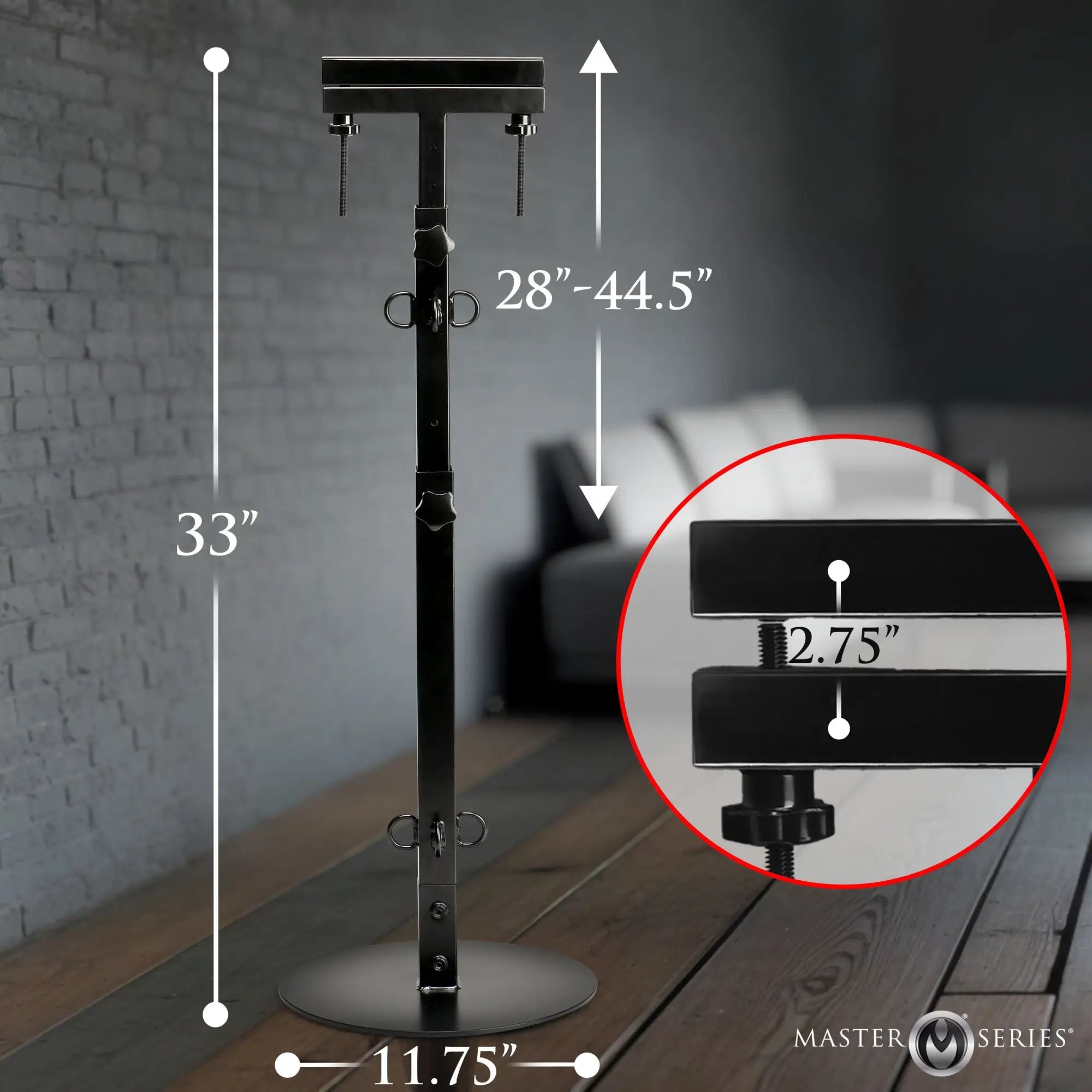 Master Series The Pillory CBT Tower: A black, adjustable metal stand with a circular base and measurement callouts.