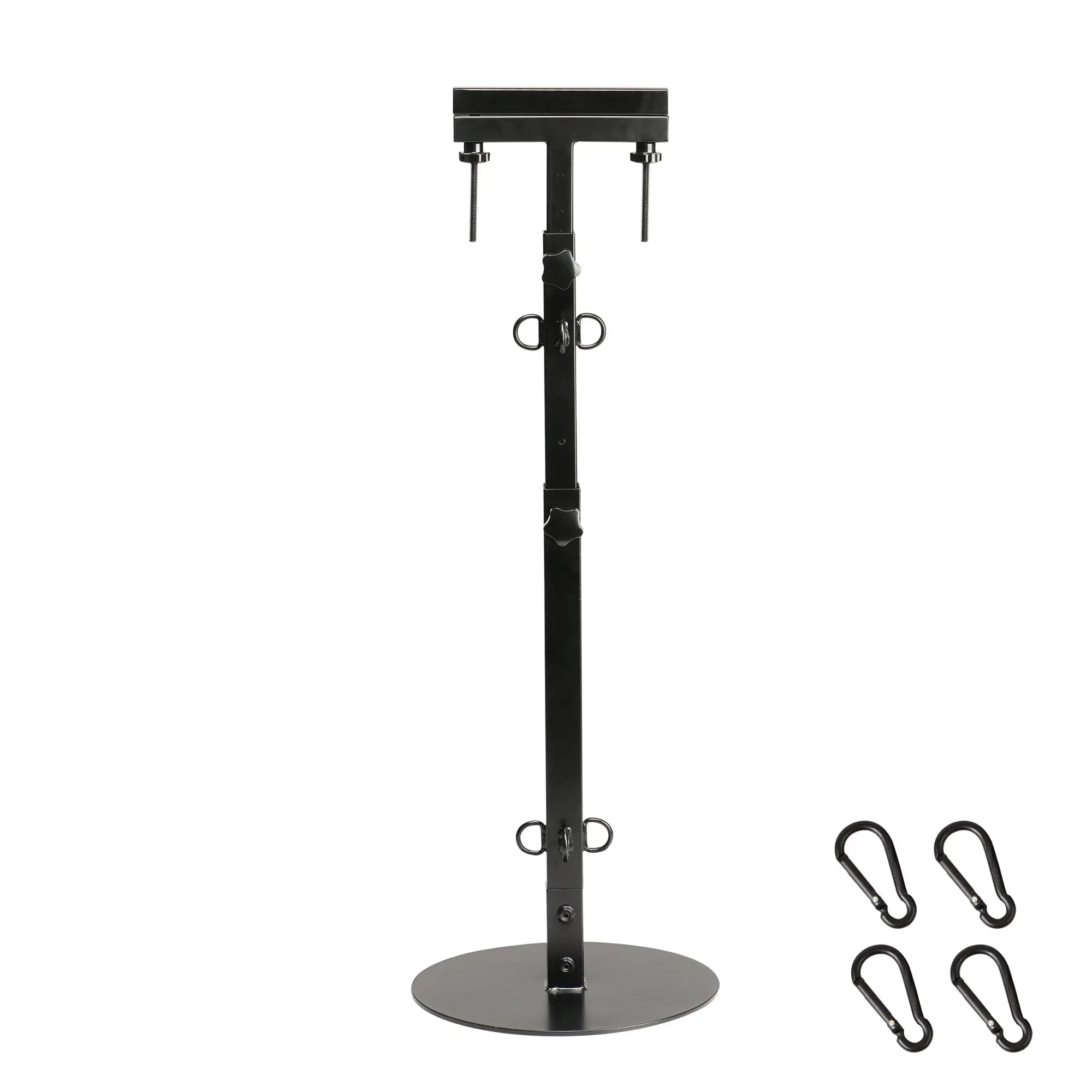 Master Series The Pillory CBT Tower: A black, height-adjustable metal stand with rings and four included carabiners.