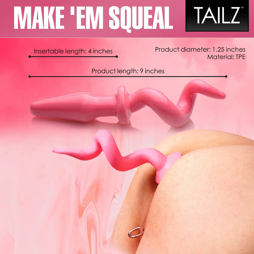Master Series pink TPE pig tail butt plug shown in isolation and inserted, with product measurements listed.
