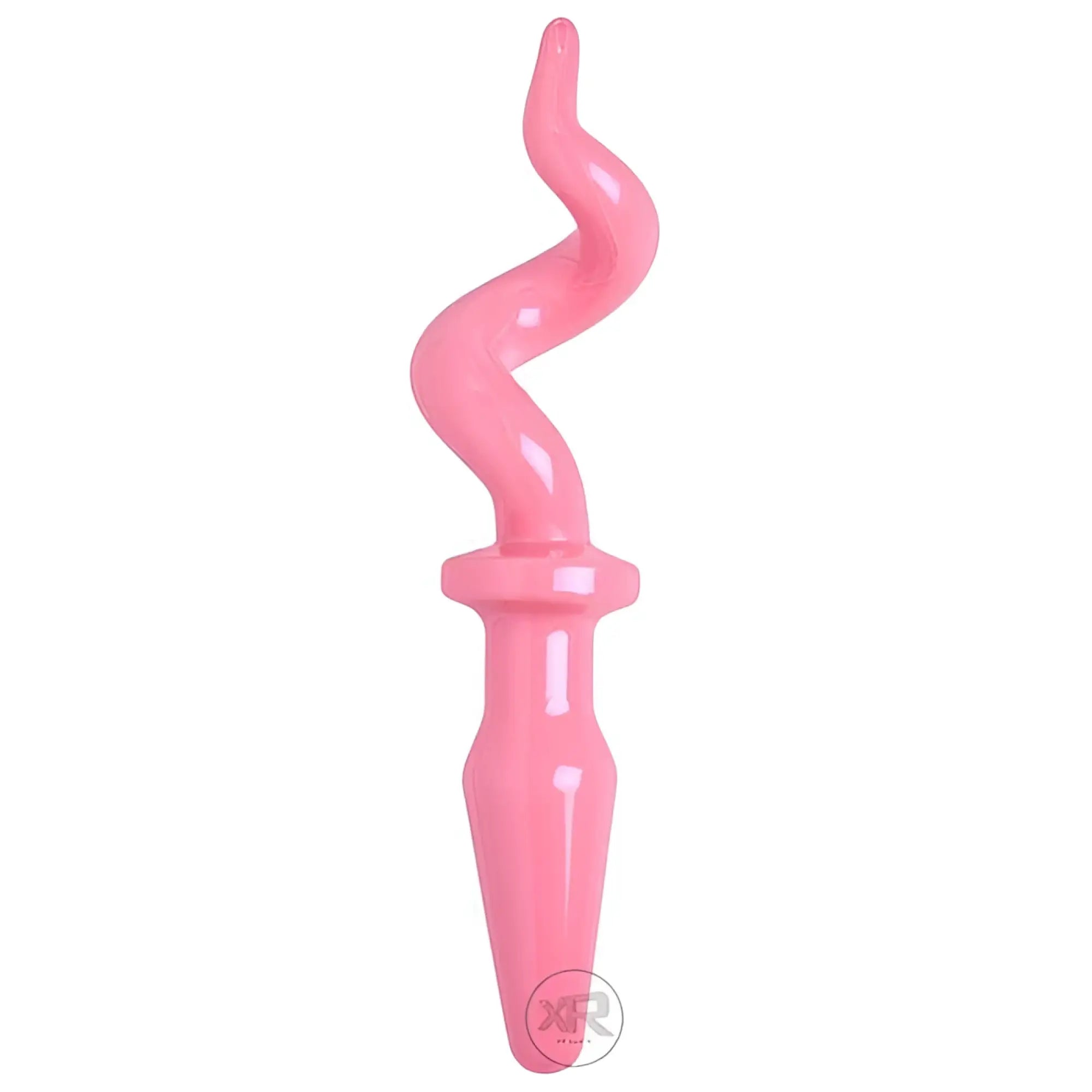 Master Series Pink Pig Tail Butt Plug: A glossy, light pink, corkscrew-shaped toy with a flared base.