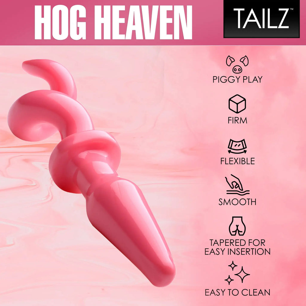 Master Series Pink Pig Tail butt plug featuring a tapered, smooth, flexible design against a pink background with icons.