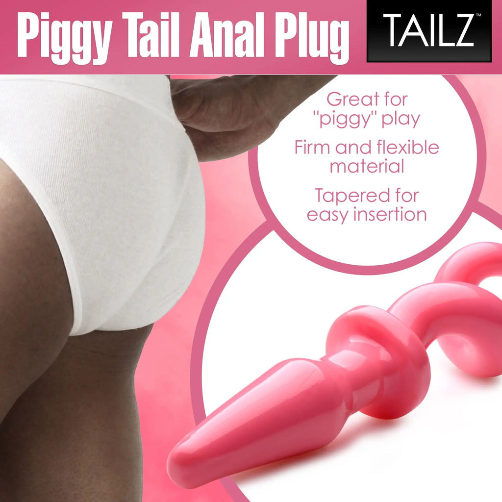 Master Series pink pig tail butt plug with a tapered tip and curled, spiral tail design on a pink background.