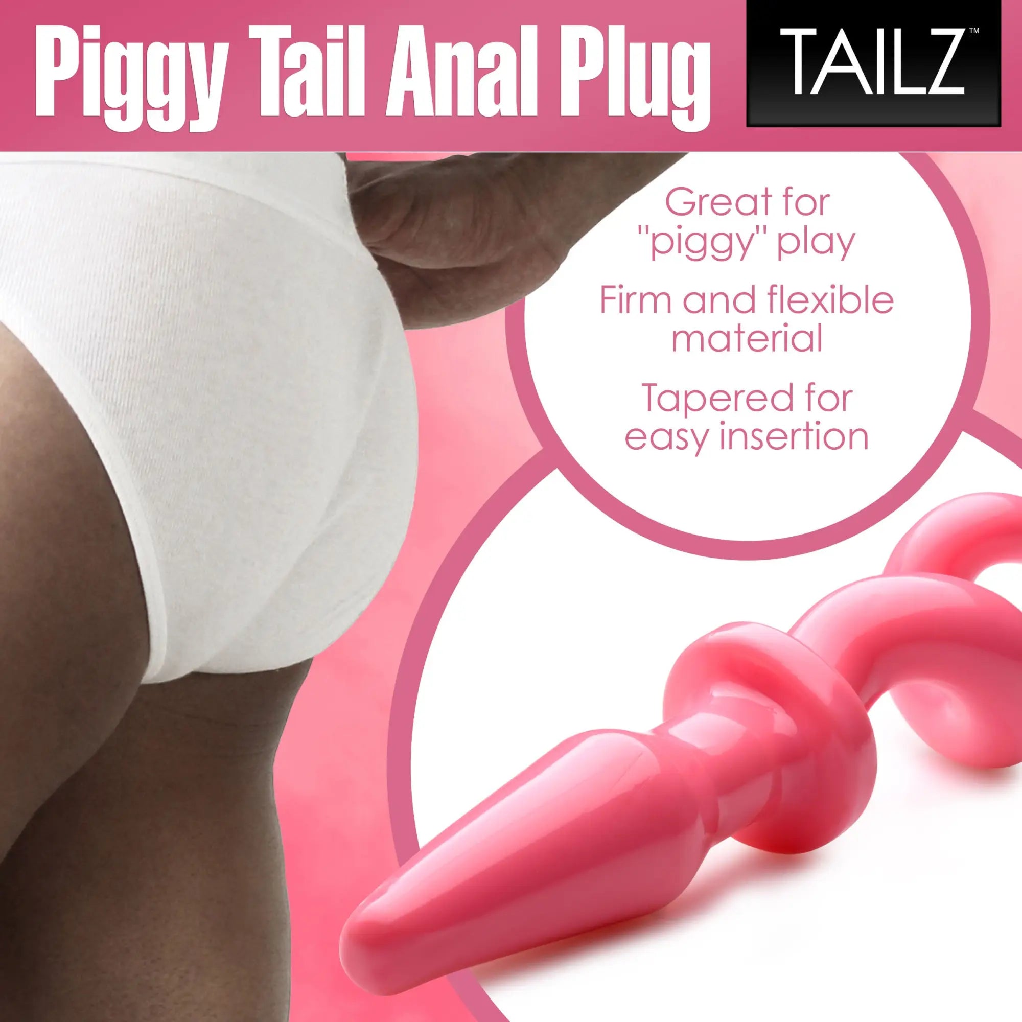 Master Series pink pig tail butt plug with a tapered tip and curled, spiral tail design on a pink background.