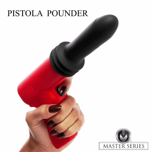 Hand holding a red, pistol-shaped Master Series Pistola Pounder thrusting vibrator with a black, rounded silicone head.