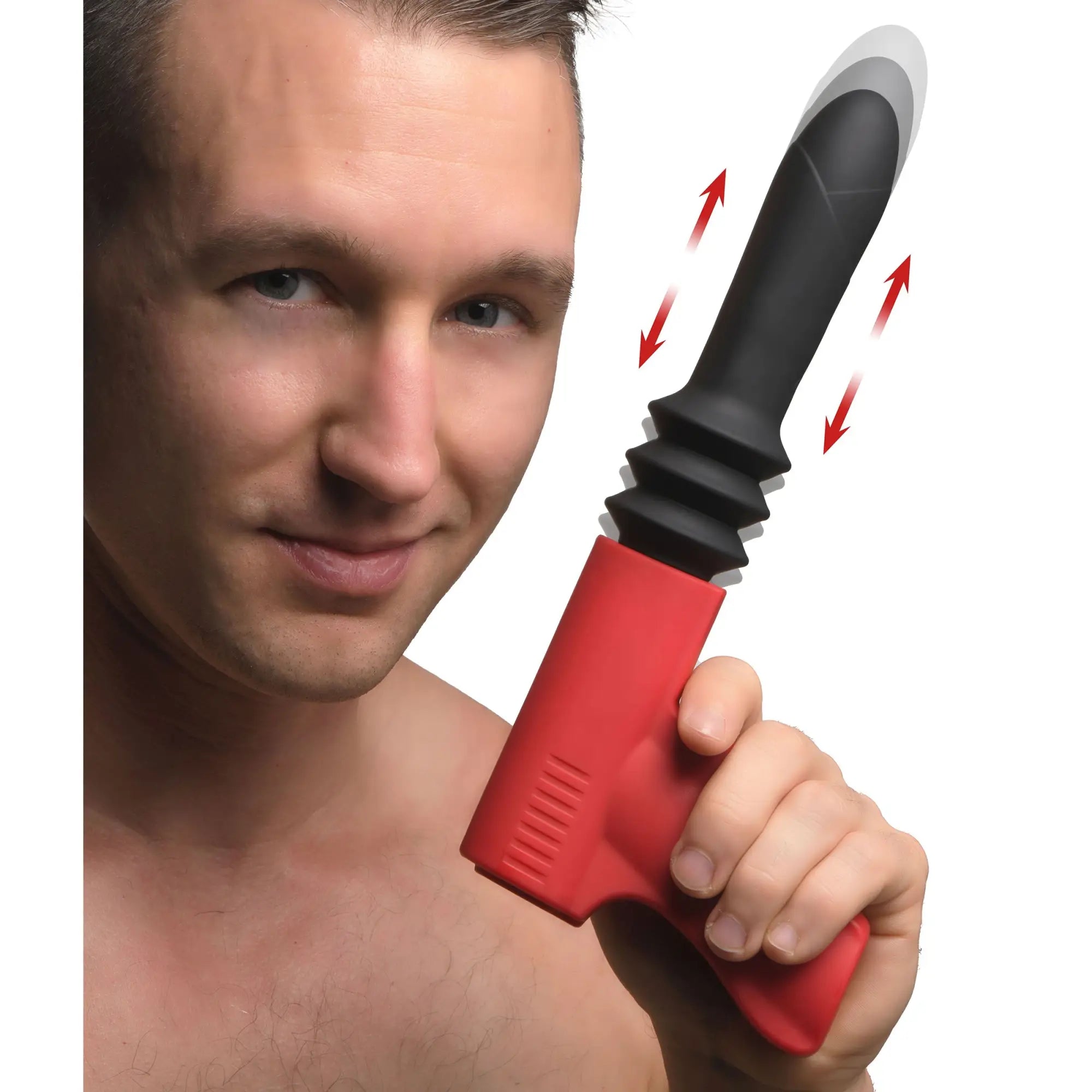 A man holding the red and black Master Series Pistola Pounder, a pistol-shaped thrusting vibrator with motion arrows.