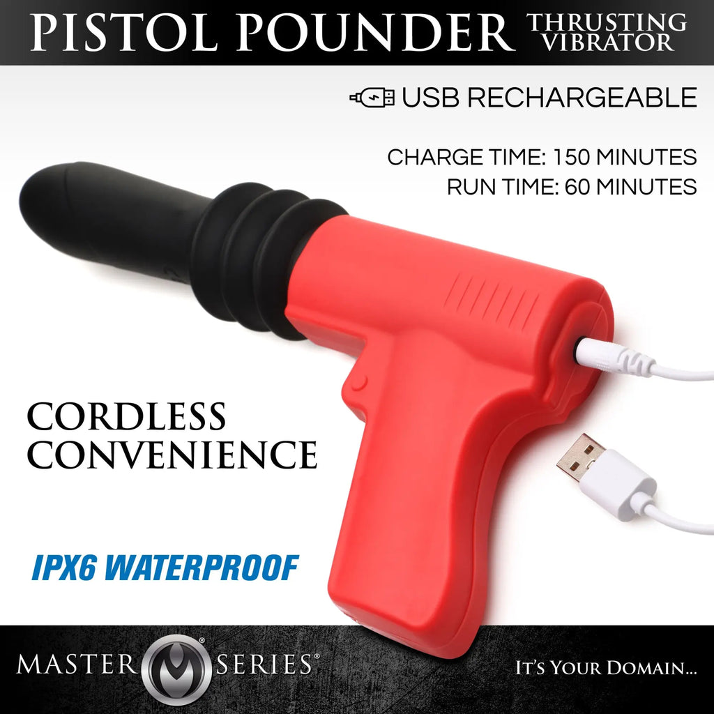 Master Series Pistol Pounder: a red and black, gun-shaped thrusting vibrator with a USB charging cable.