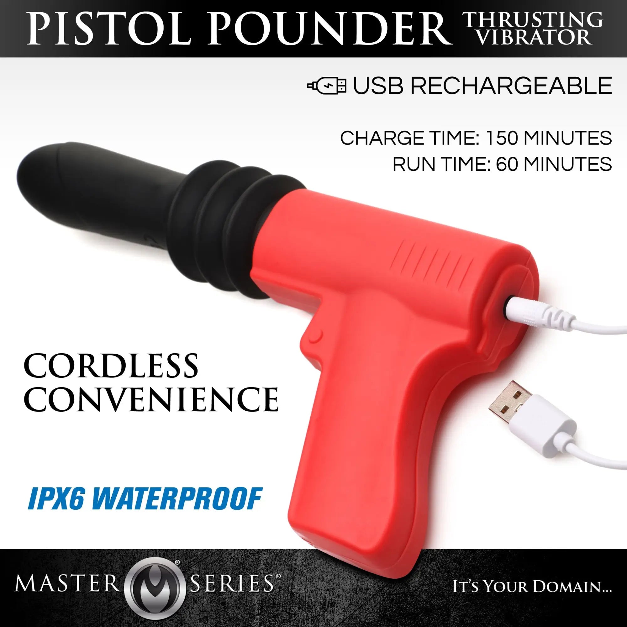 Master Series Pistol Pounder: a red and black, gun-shaped thrusting vibrator with a USB charging cable.