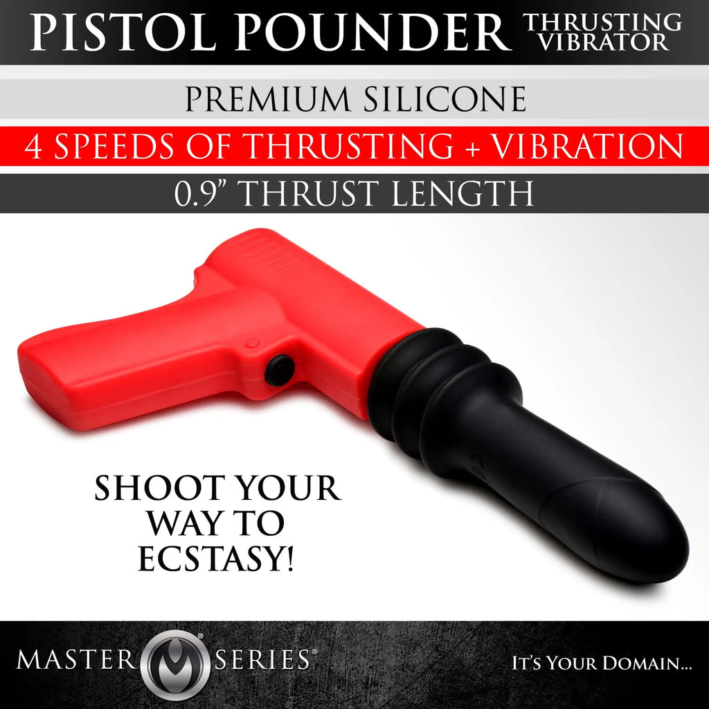Master Series Pistola Pounder: A red, pistol-style silicone vibrator with a black shaft on a light gray background.