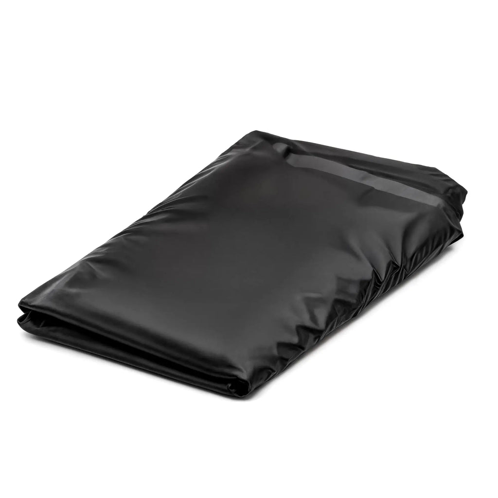 Master Series Play Sheets: A folded, shiny black, waterproof bed cover on a white background.