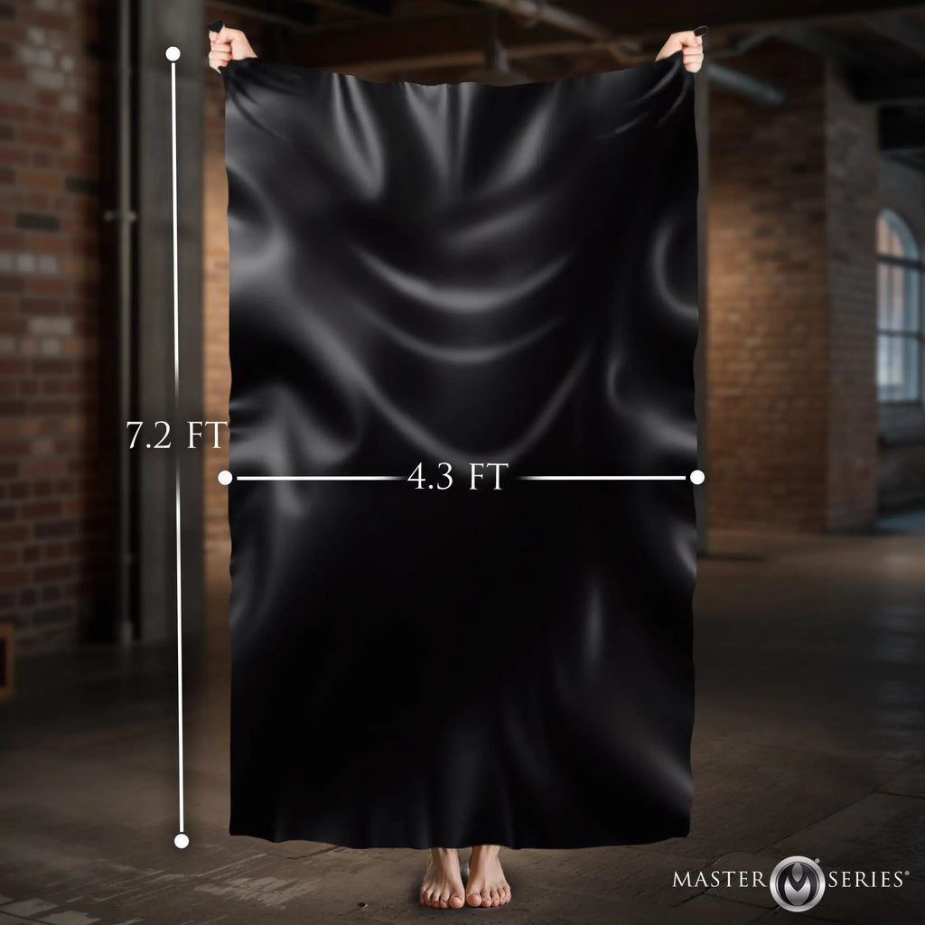 Master Series Play Sheets: 3-pack of black, satin-finish waterproof bed covers shown with 7.2ft by 4.3ft dimensions.